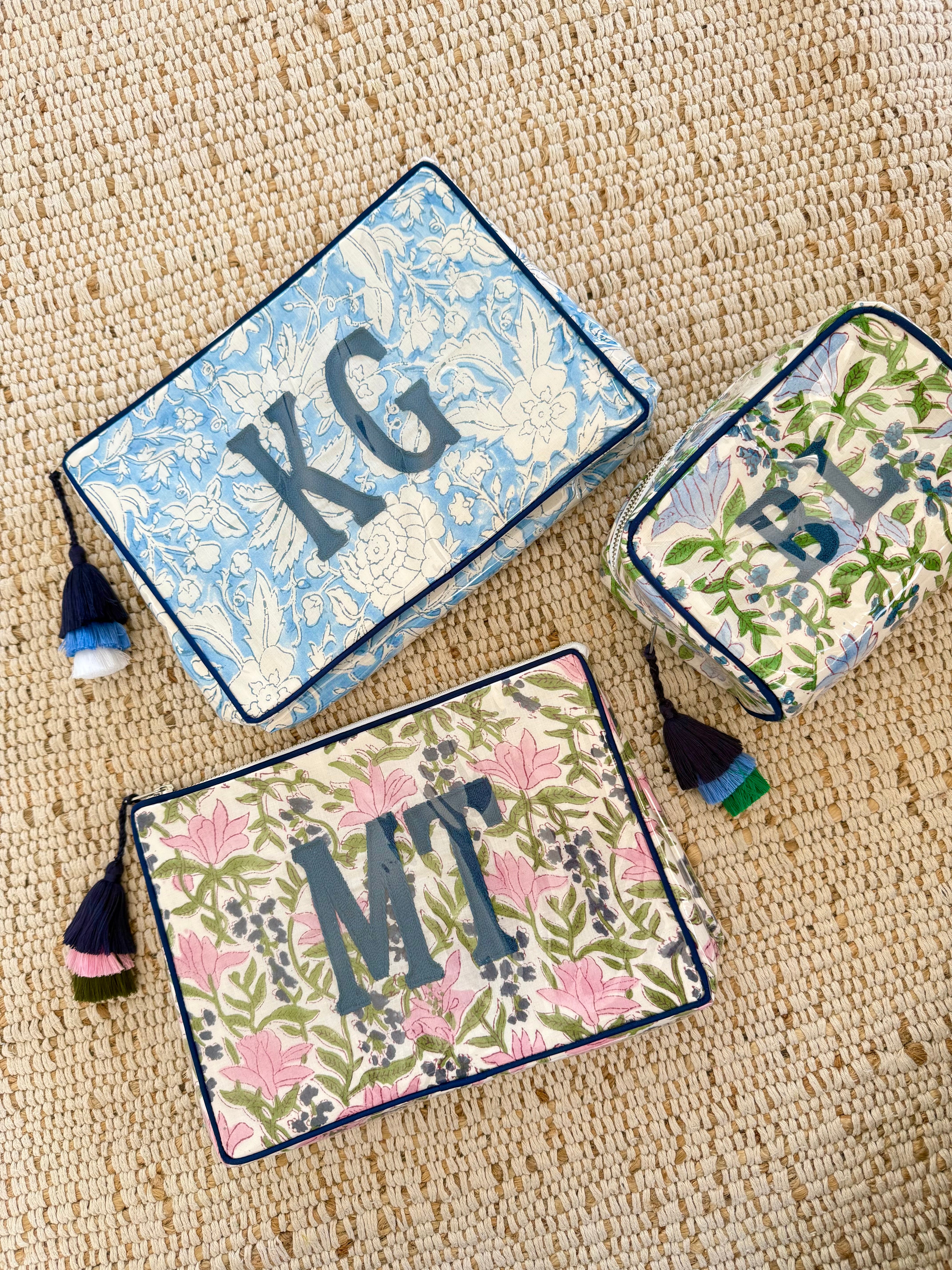 The OG India Bag - Carolina Blue and Navy Blockprint - Monogrammed