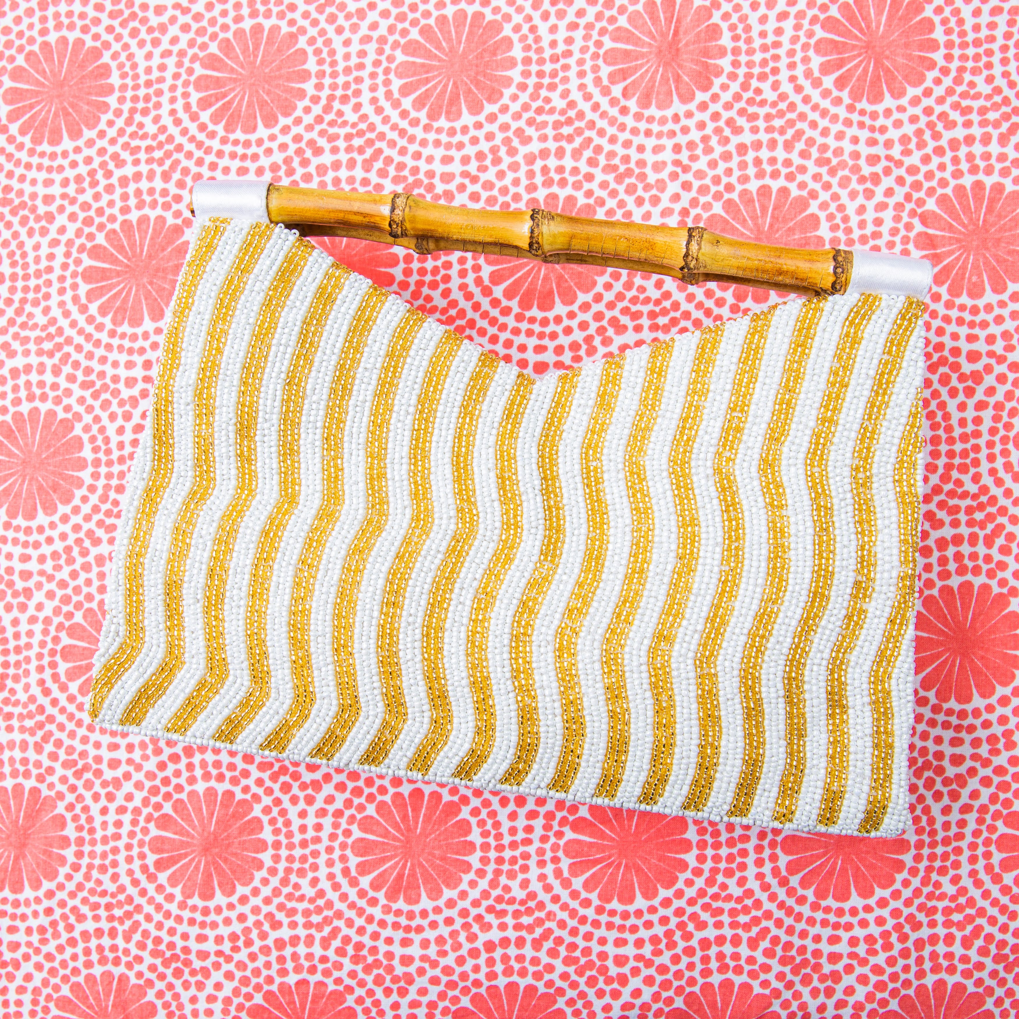 Bamboo Handle Clutch in Gold/White Waves