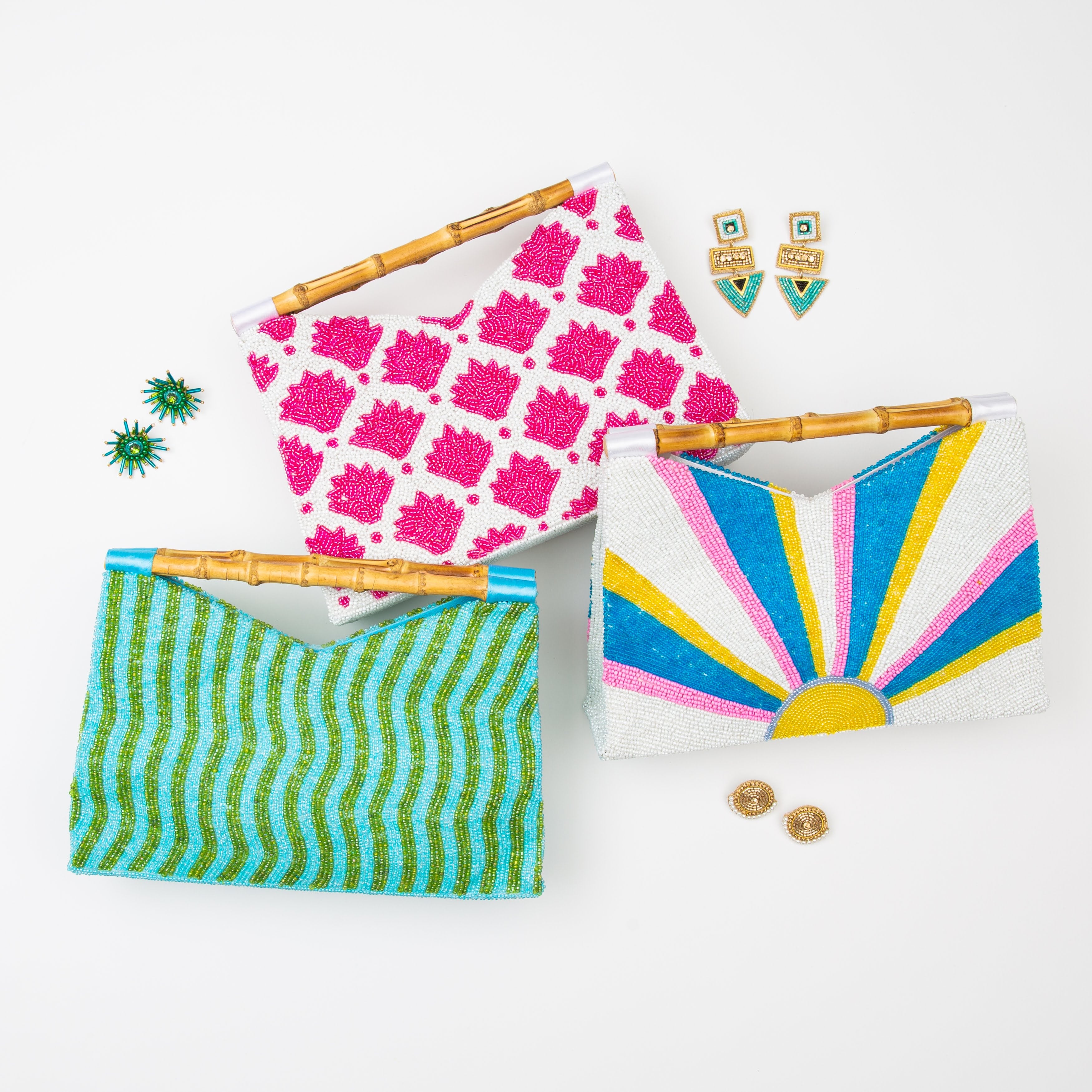 Bamboo Handle Clutch in Blue/Green Waves