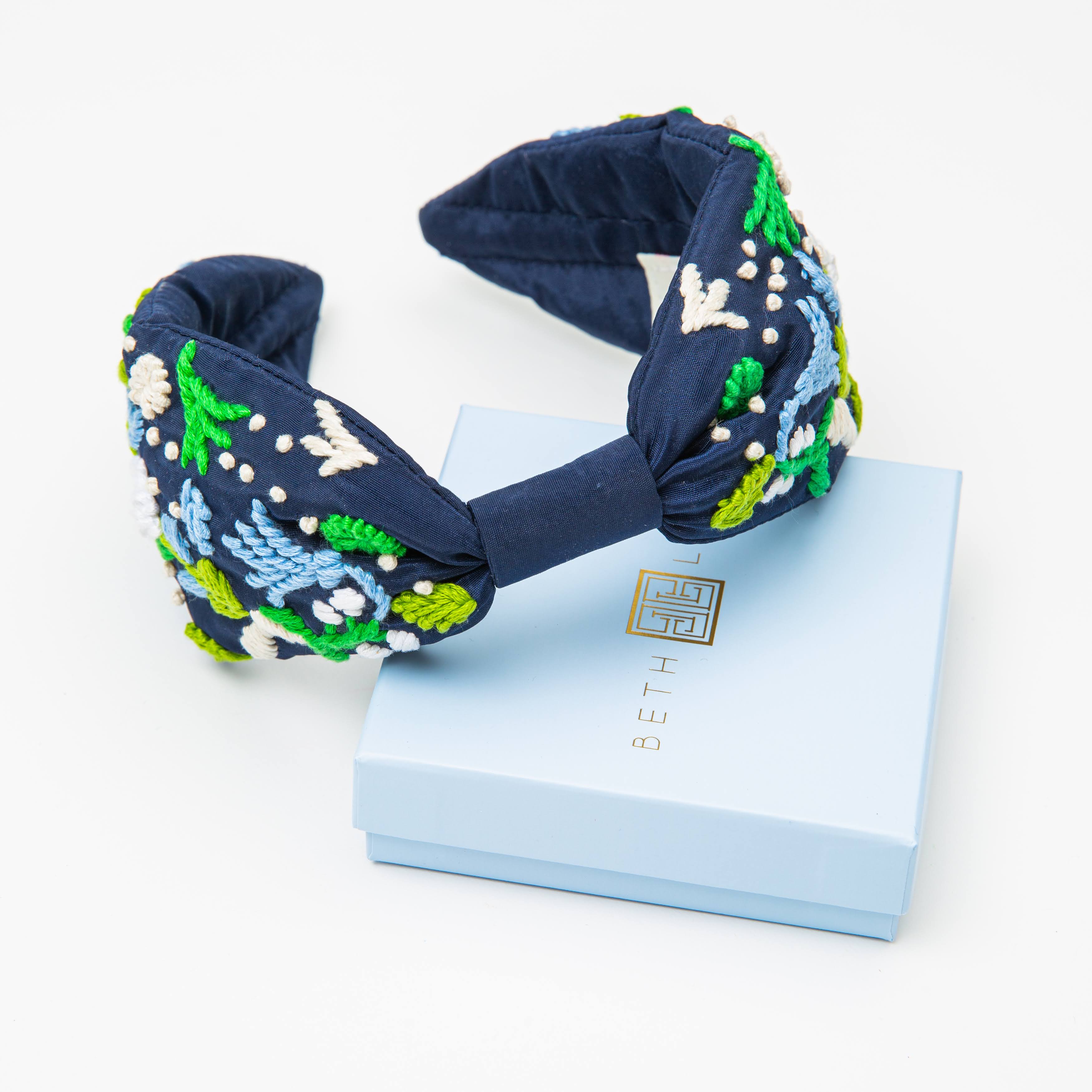 Embroidered Headband in Navy Flower Garden