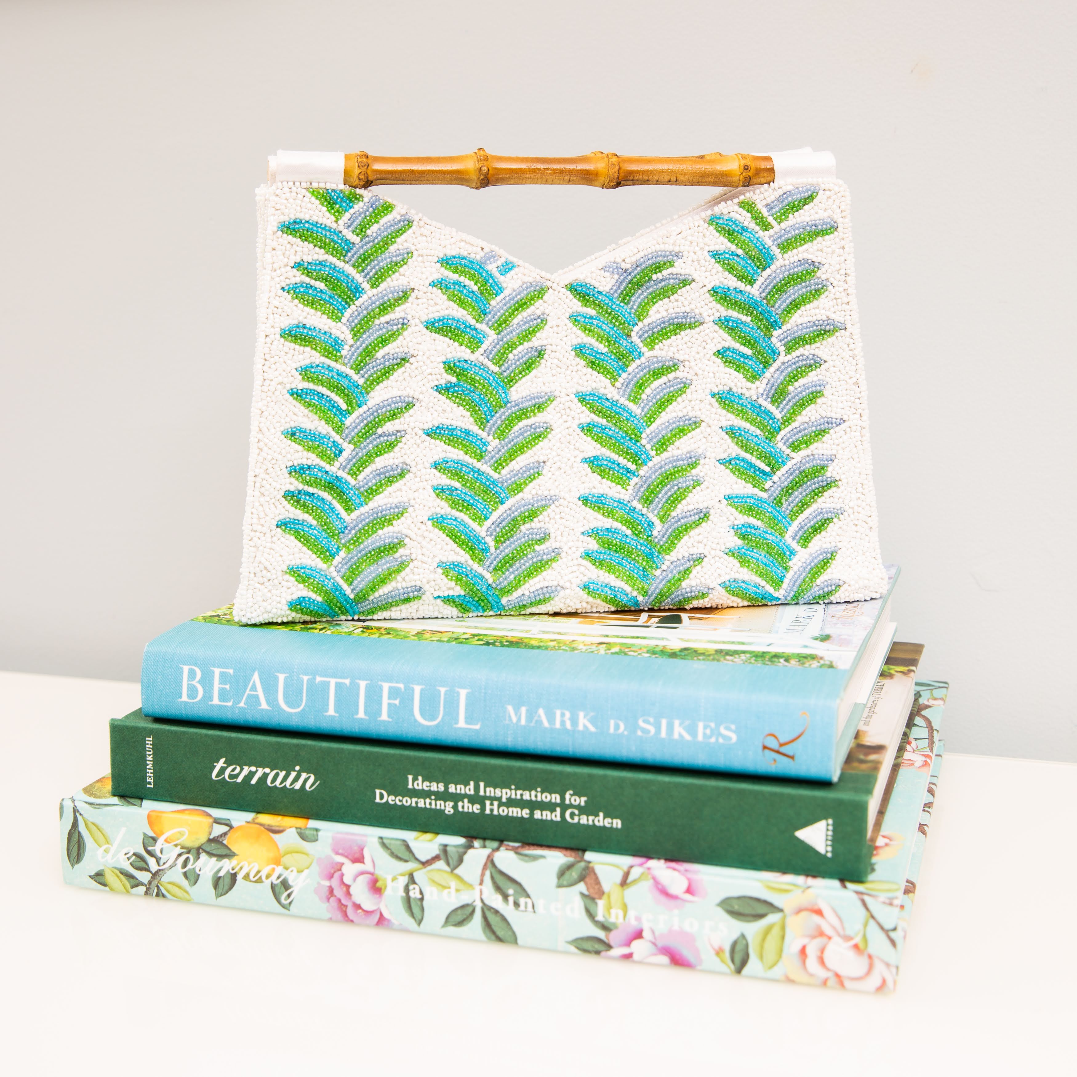 Bamboo Handle Clutch in Turquoise Palm