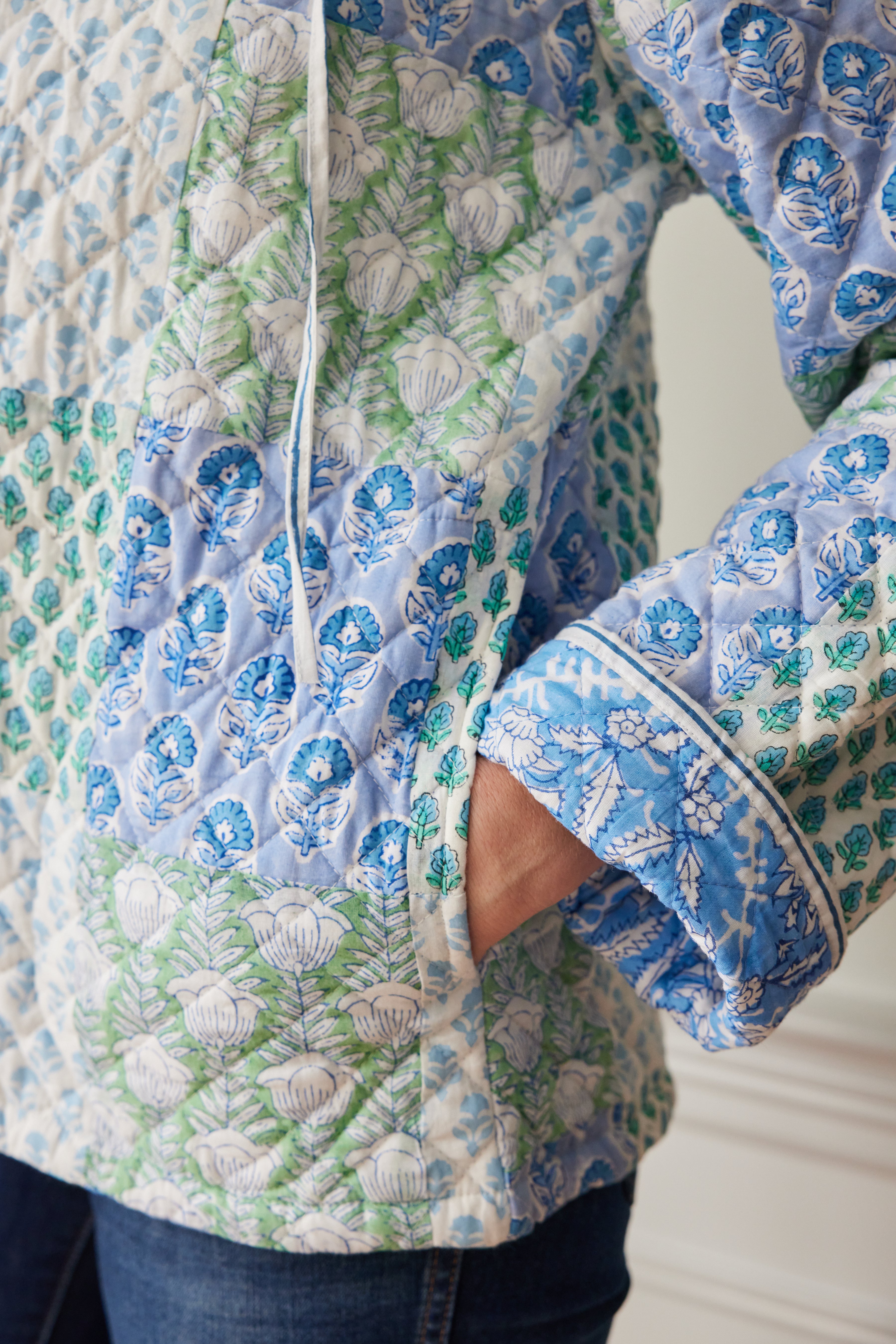 Reversible Block Printed Hoodie - Blue and Green Patchwork