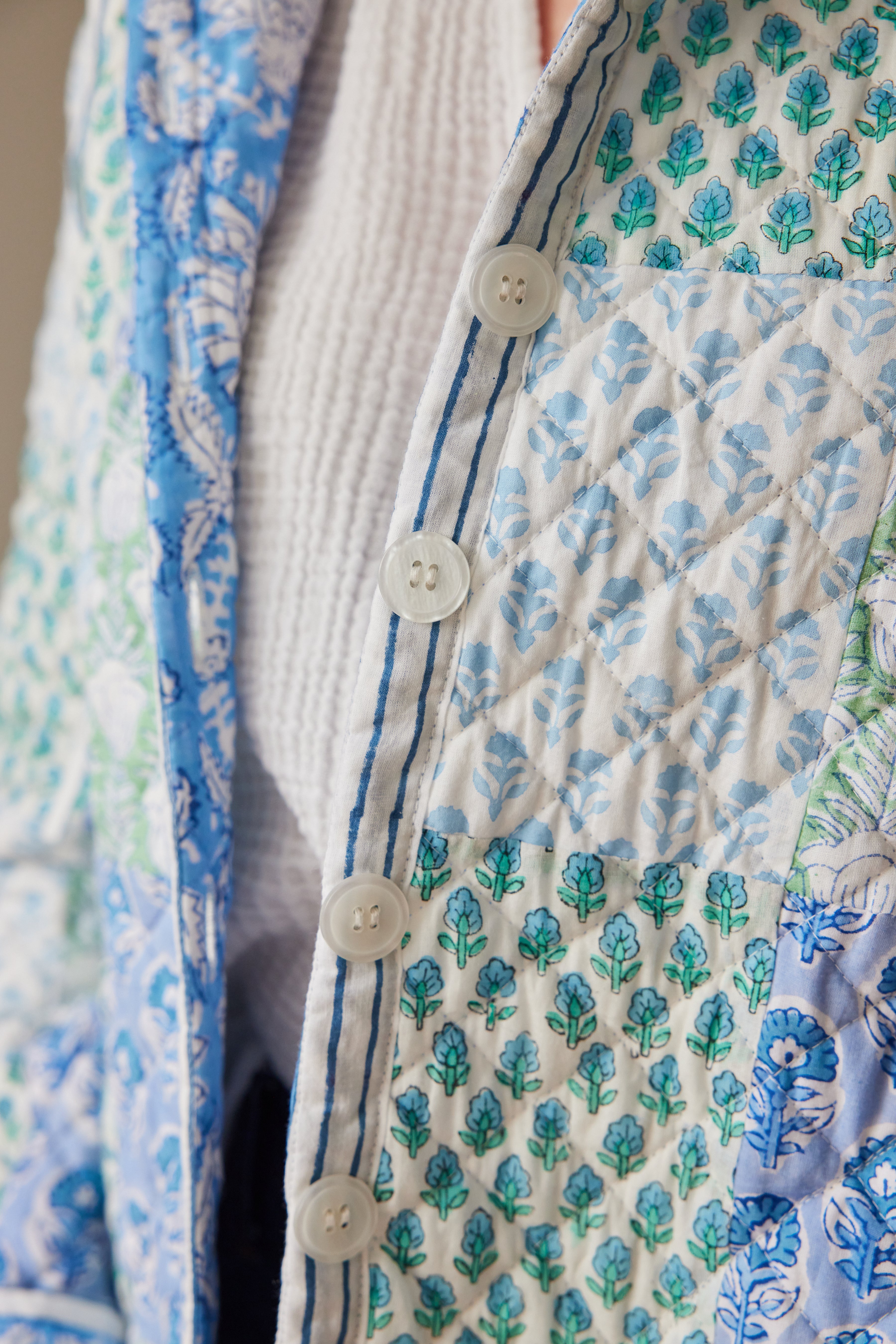 Reversible Block Printed Hoodie - Blue and Green Patchwork