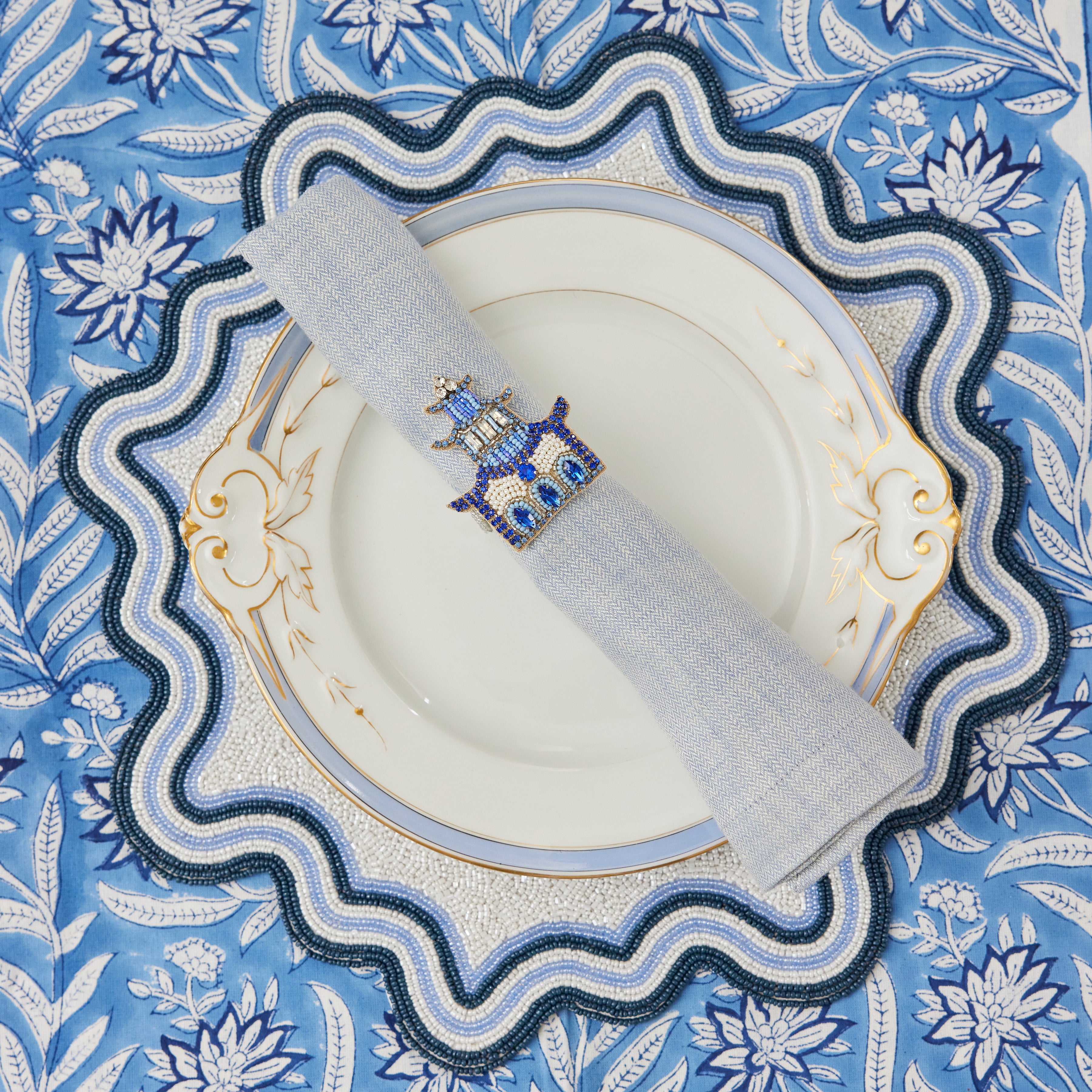 Blue and White Hand Beaded Placemat