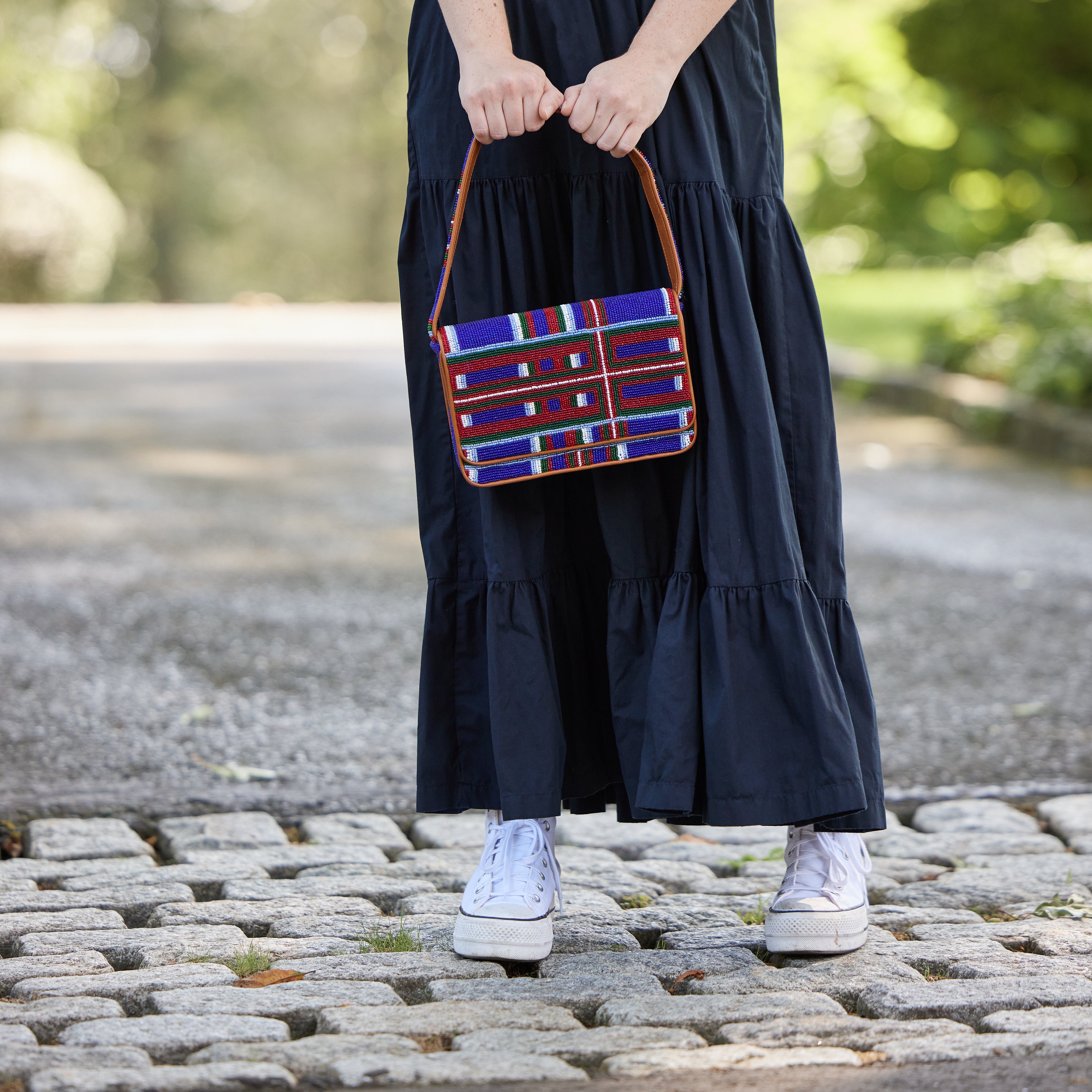 Beaded Shoulder Bag - Blue Tartan Plaid