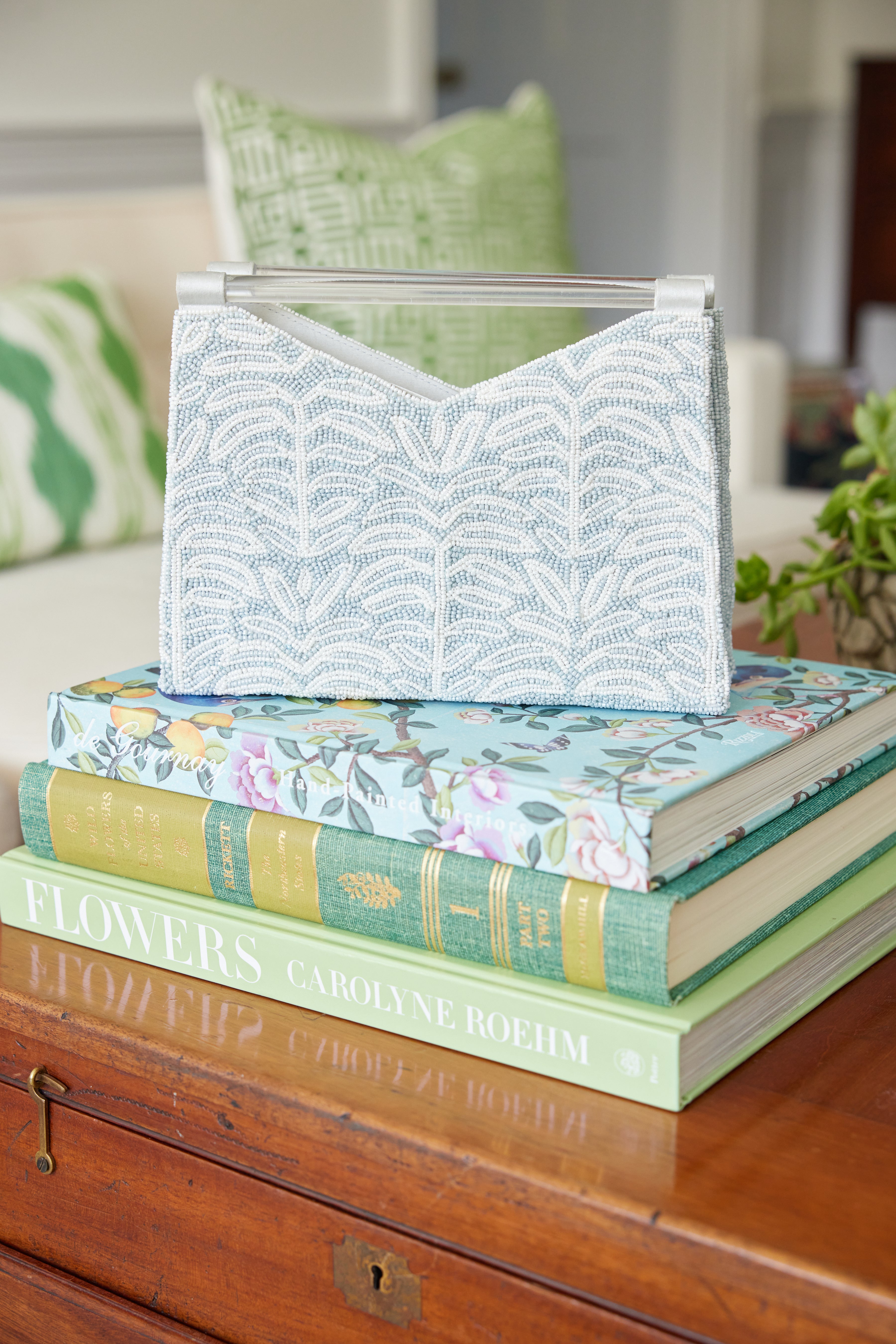 Acrylic Handle Clutch in Pale Blue Palm