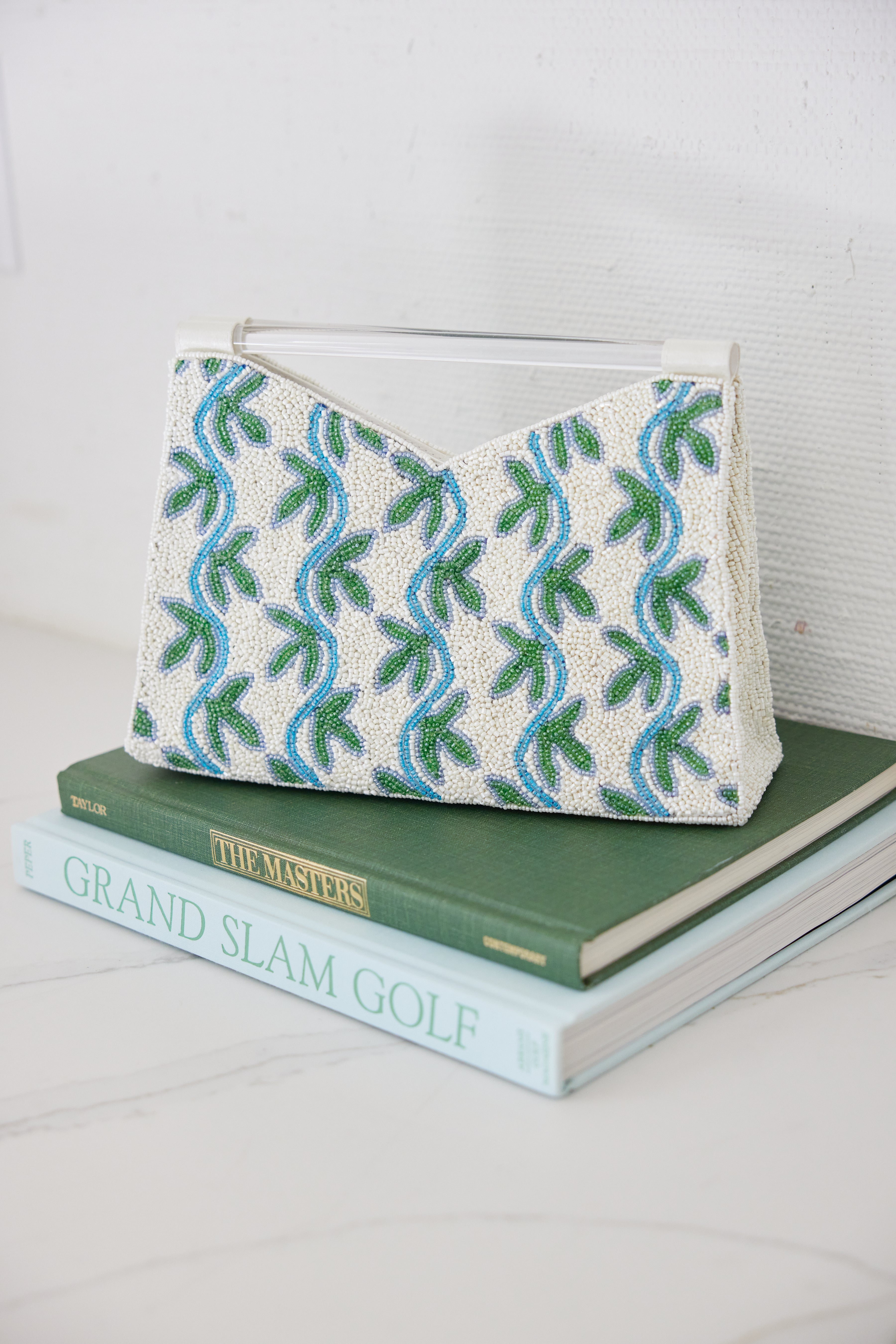 Acrylic Handle Clutch in Green/Blue Vine