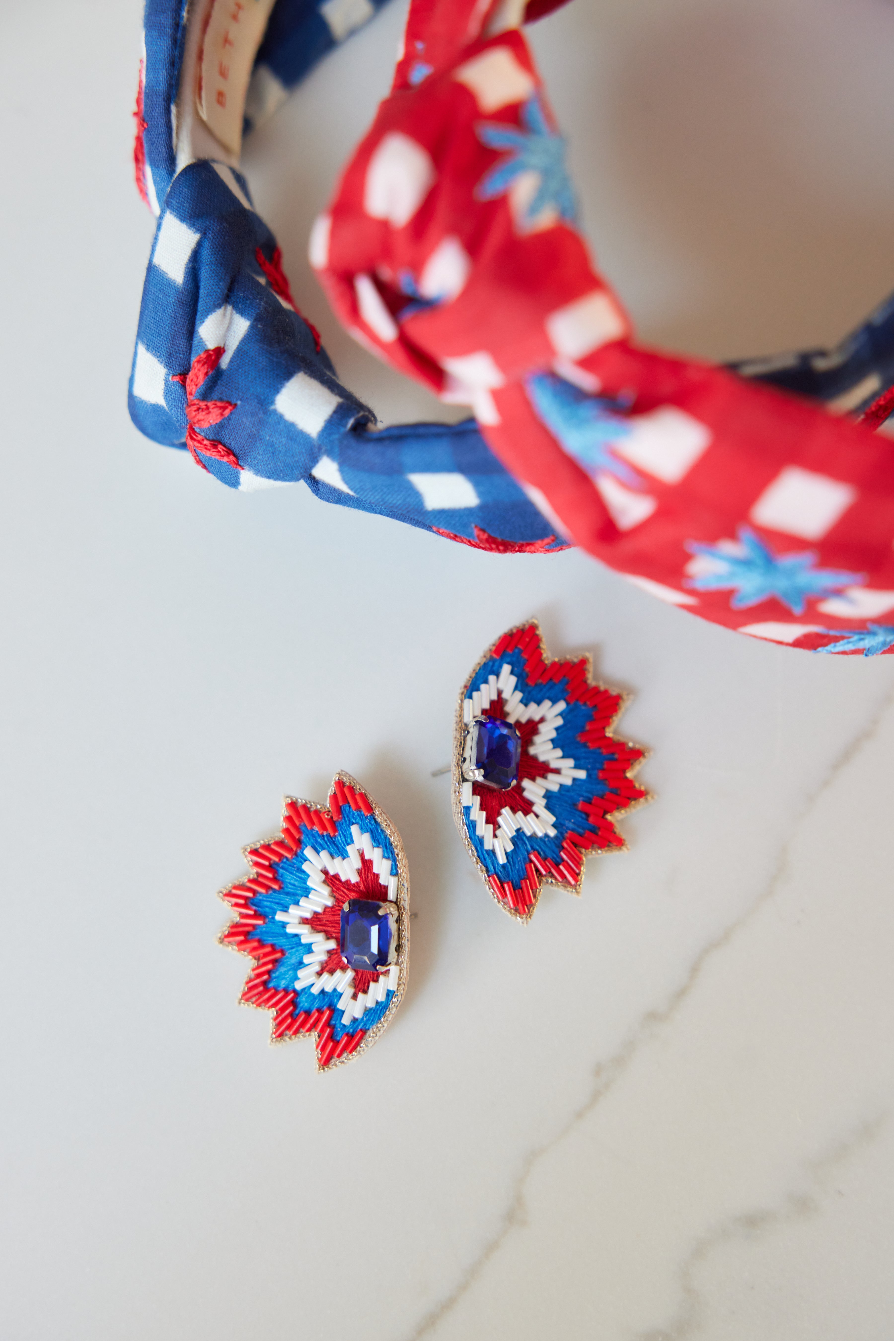 Blue Gingham Headband with Red Stars