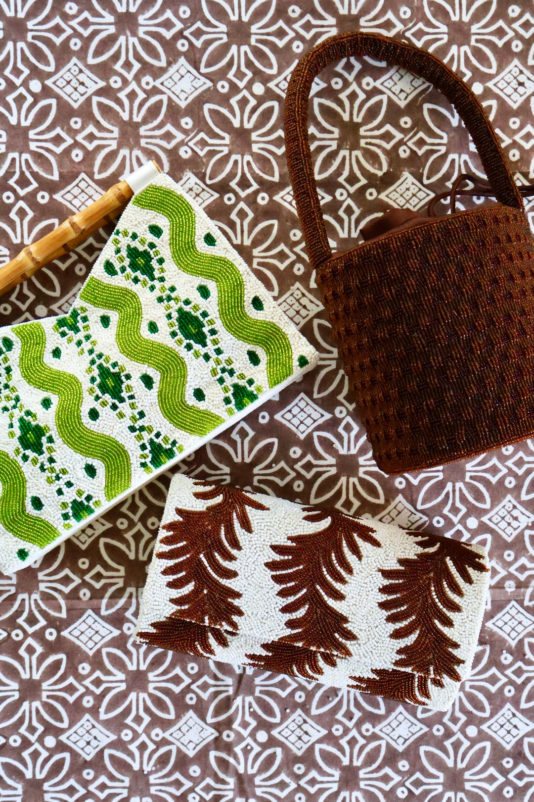 Bamboo Handle Clutch in Green Ikat