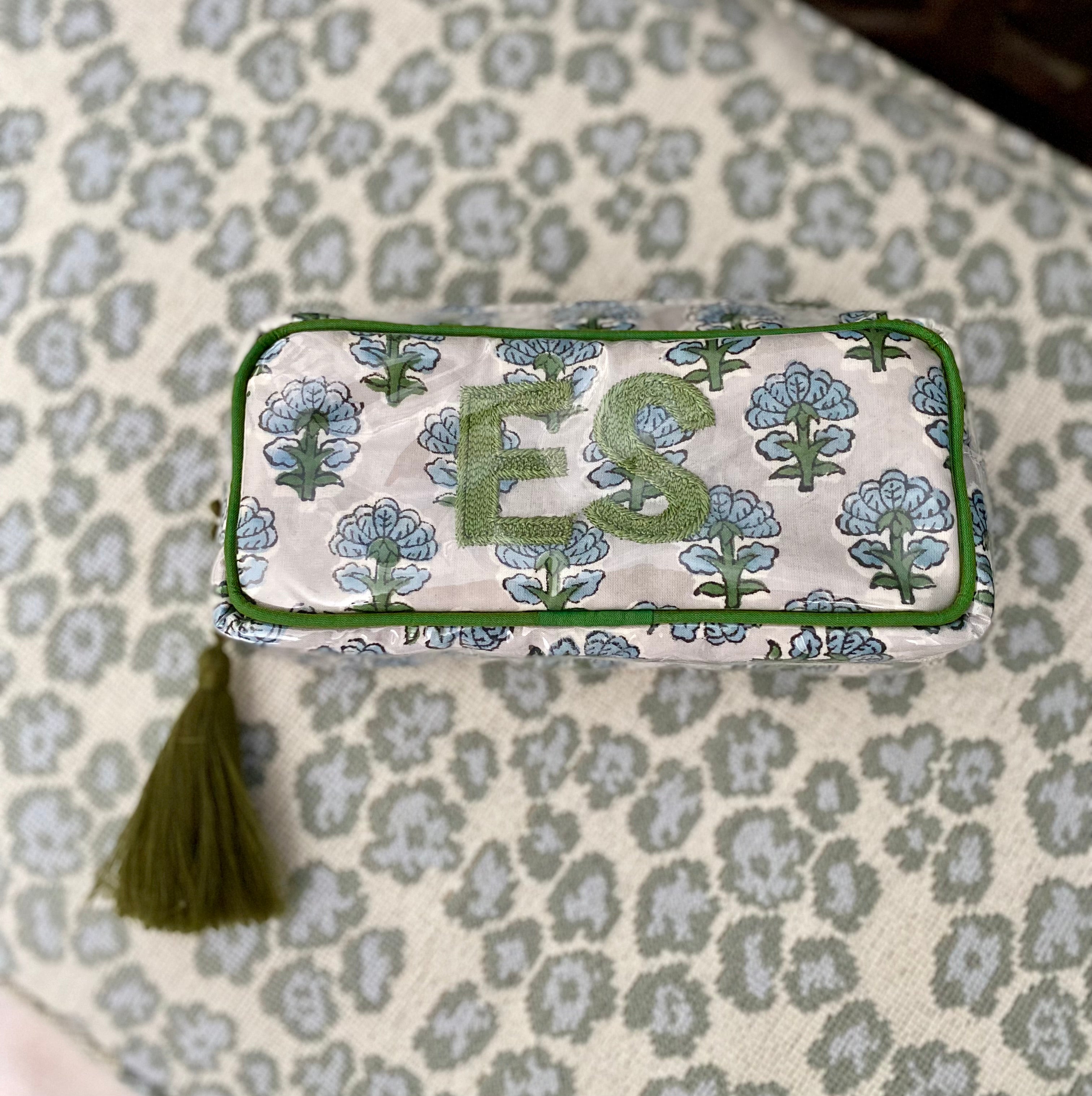 The Mini India Bag - Pale Gray-Blue and Green - Monogrammed