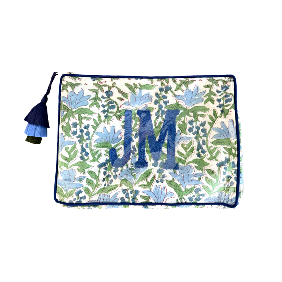 The OG India Bag - Blue and Green Block Print - Monogrammed