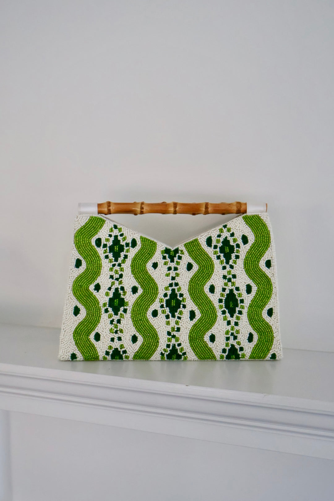 Bamboo Handle Clutch in Green Ikat