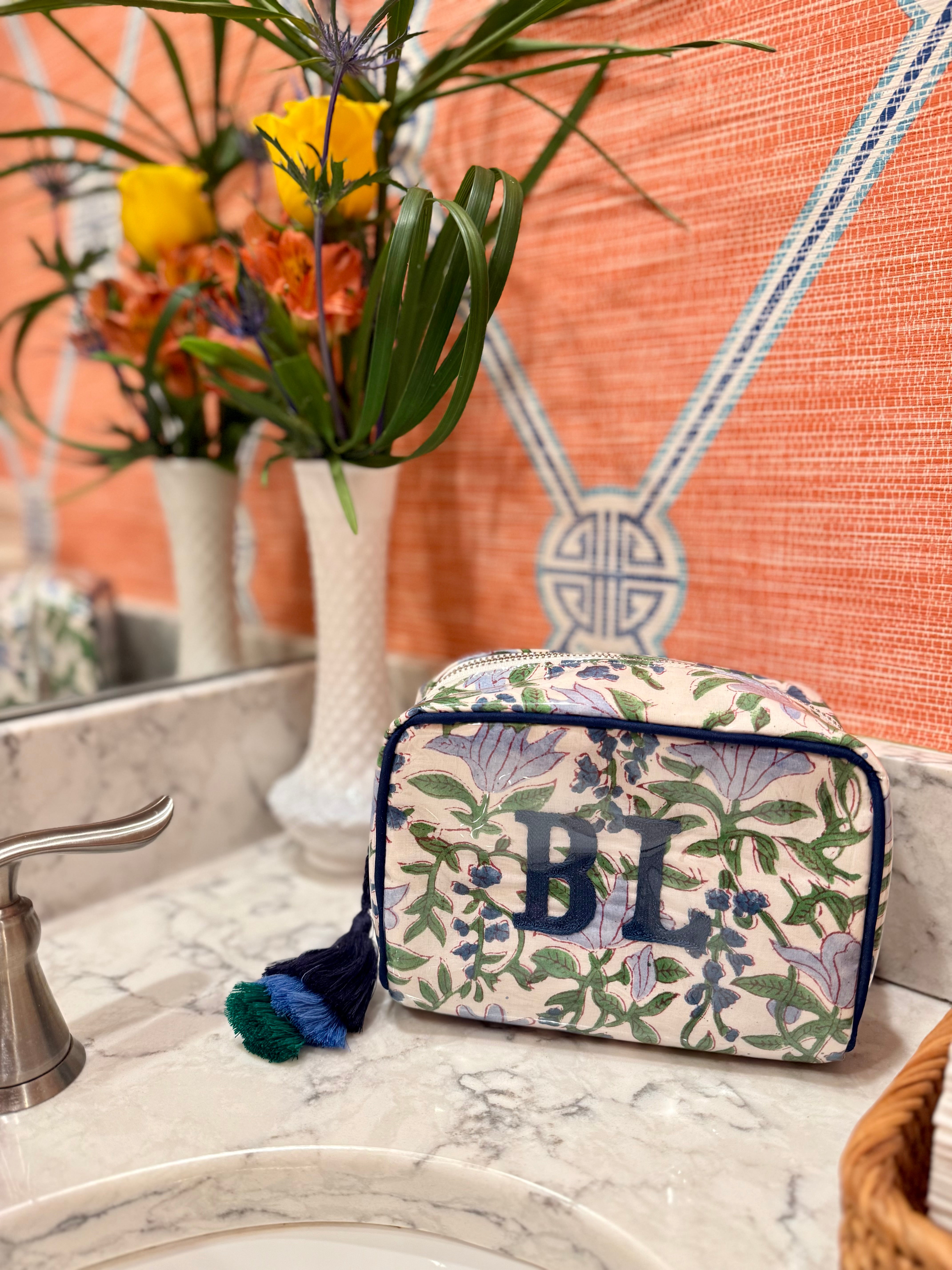 The Midi India Bag - Blue & Green Floral Blockprint - Monogrammed