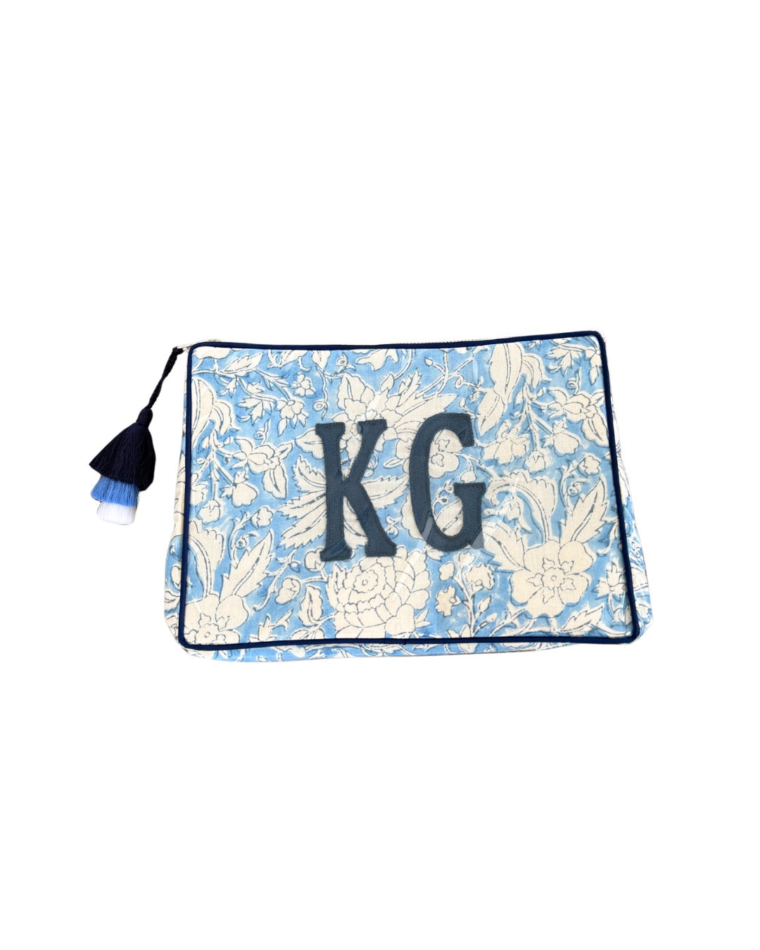The OG India Bag - Carolina Blue and Navy Blockprint - Monogrammed