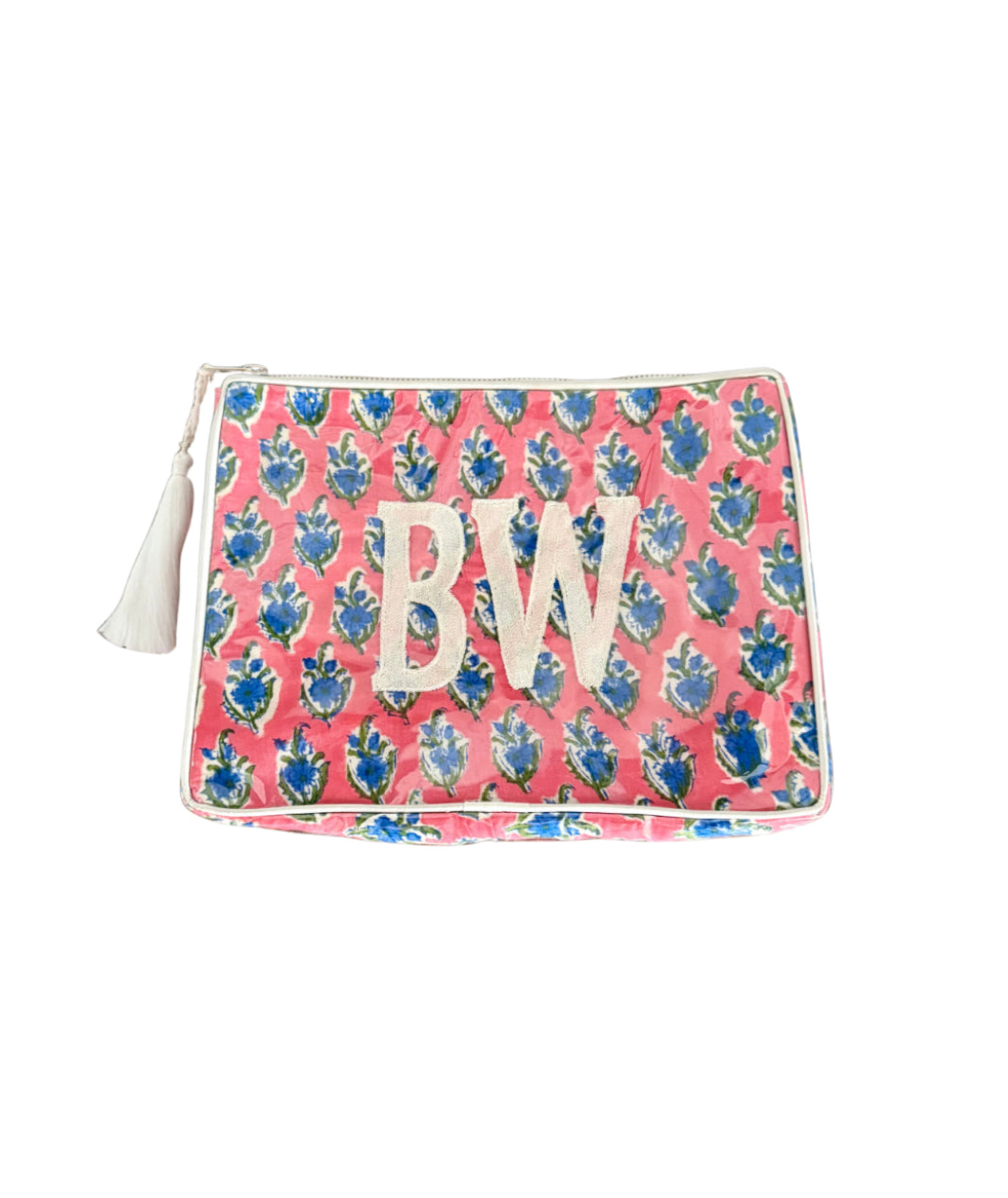 The OG India Bag - Pink / White / Blue Blockprint - Monogrammed