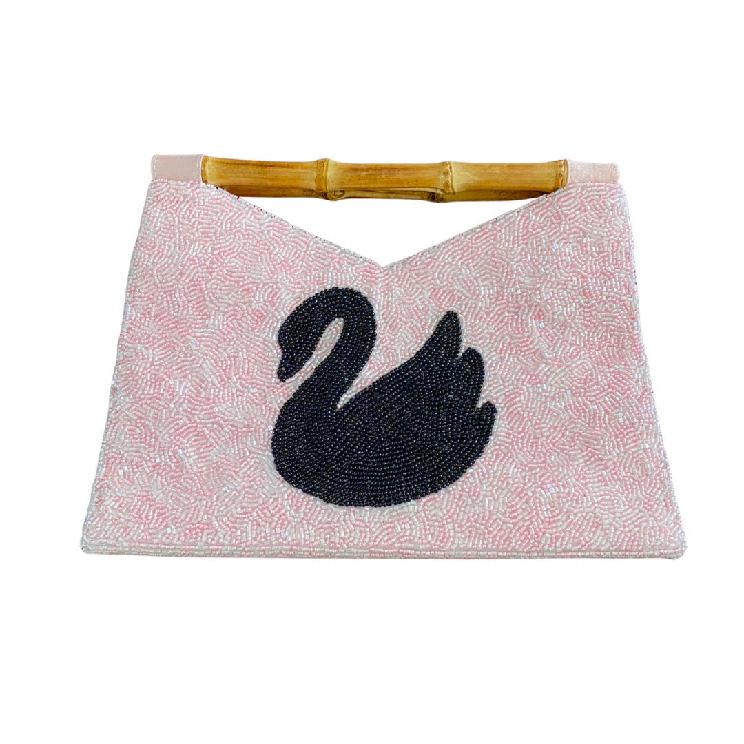 Swan Beaded Bag with Bamboo Handle