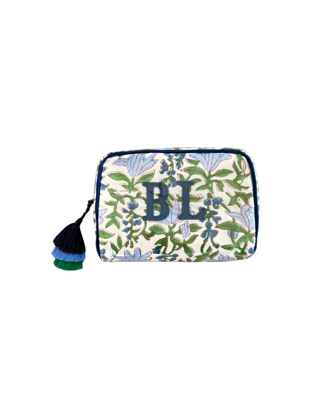The Midi India Bag - Blue & Green Floral Blockprint - Monogrammed