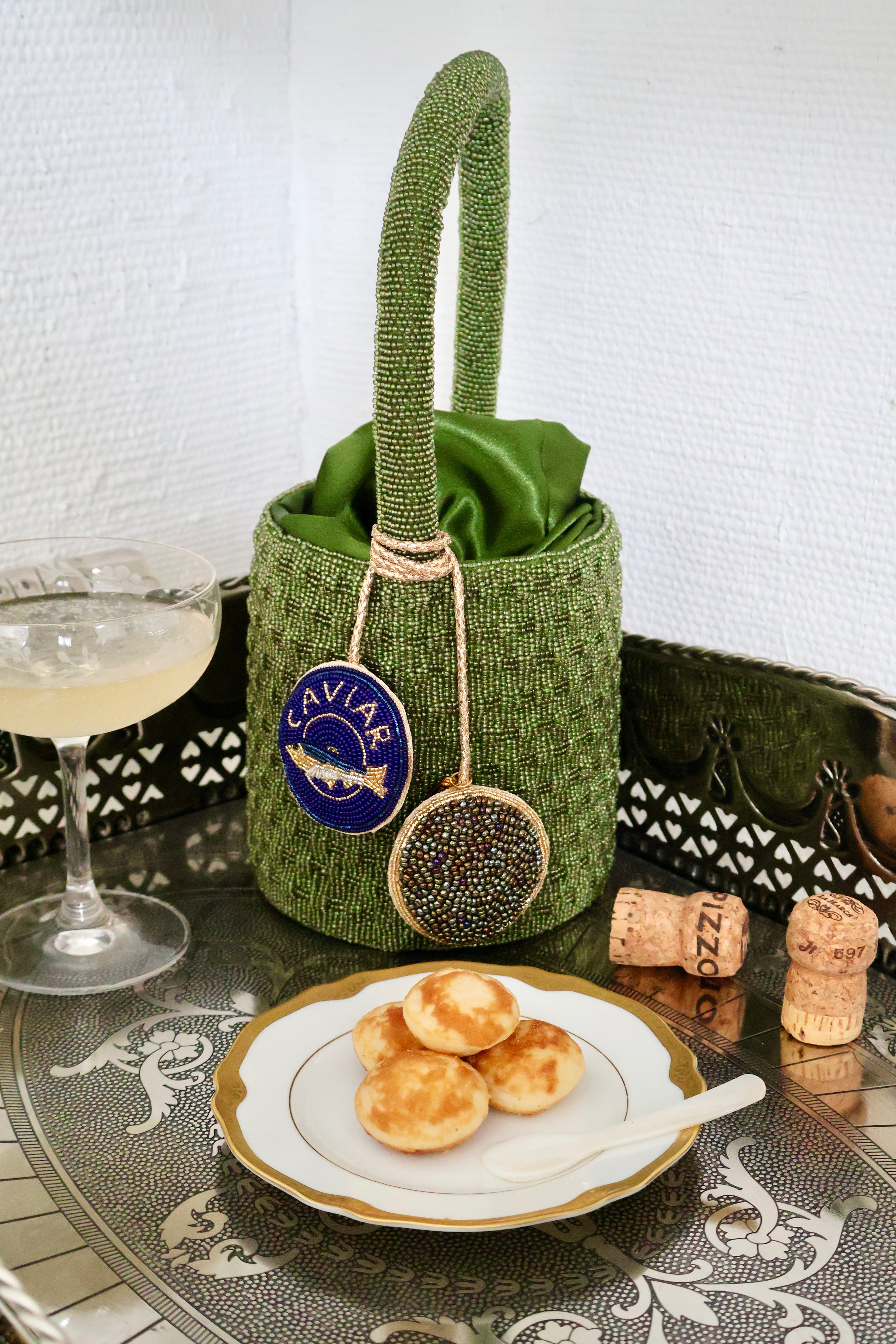 The Aspen - Beaded Bucket Bag in Olive