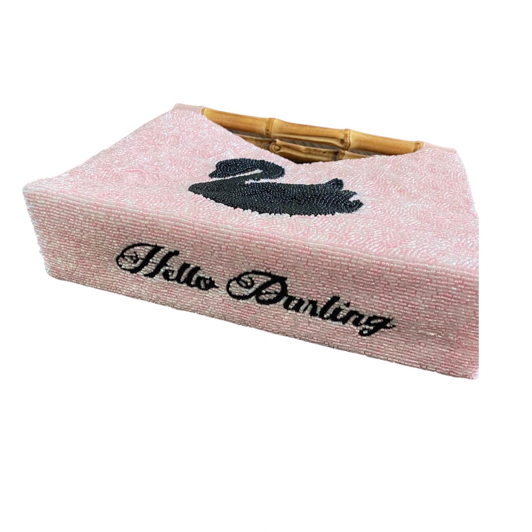 Swan Beaded Bag with Bamboo Handle