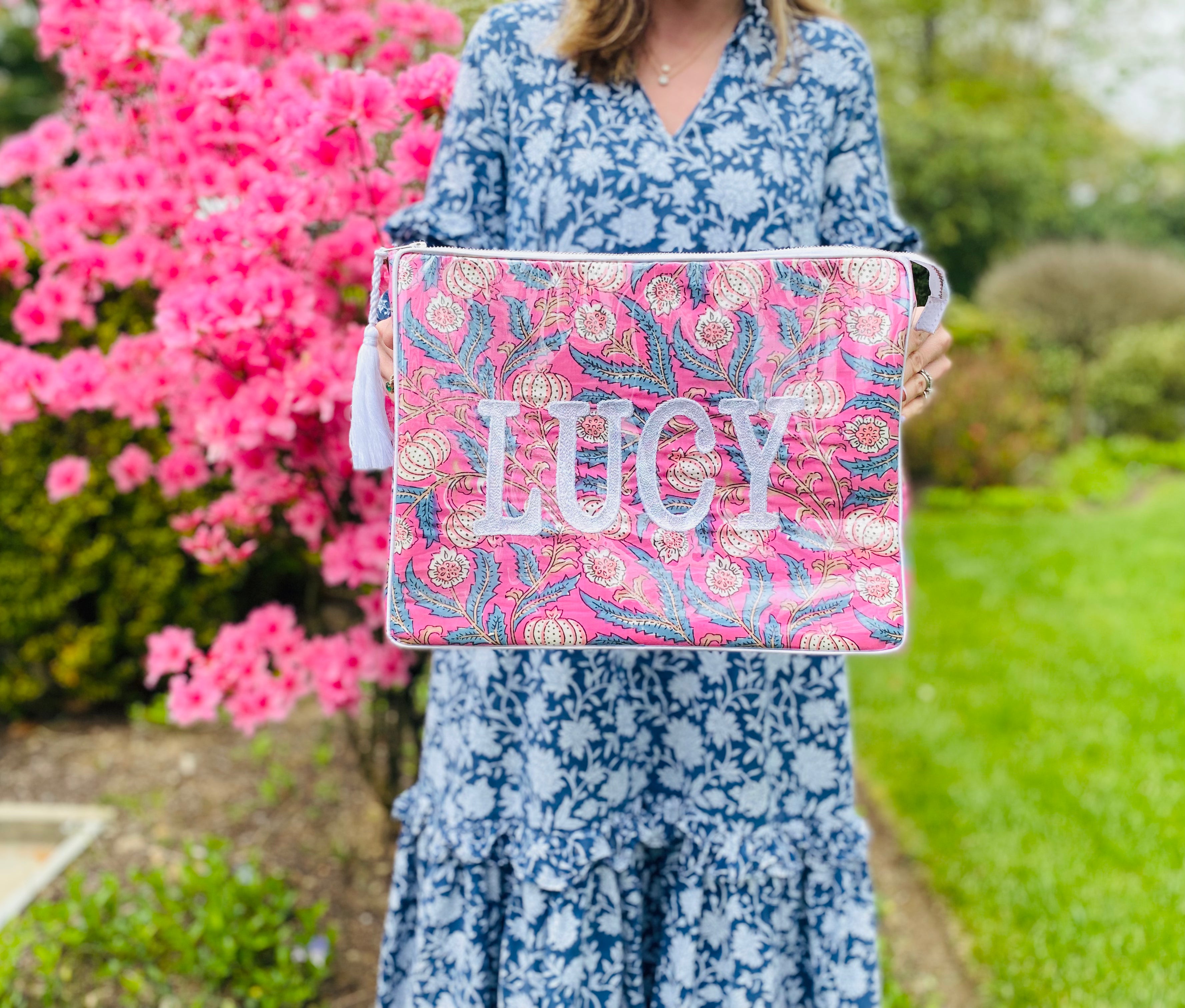 The OG India Bag -Pink/Blue - Monogrammed