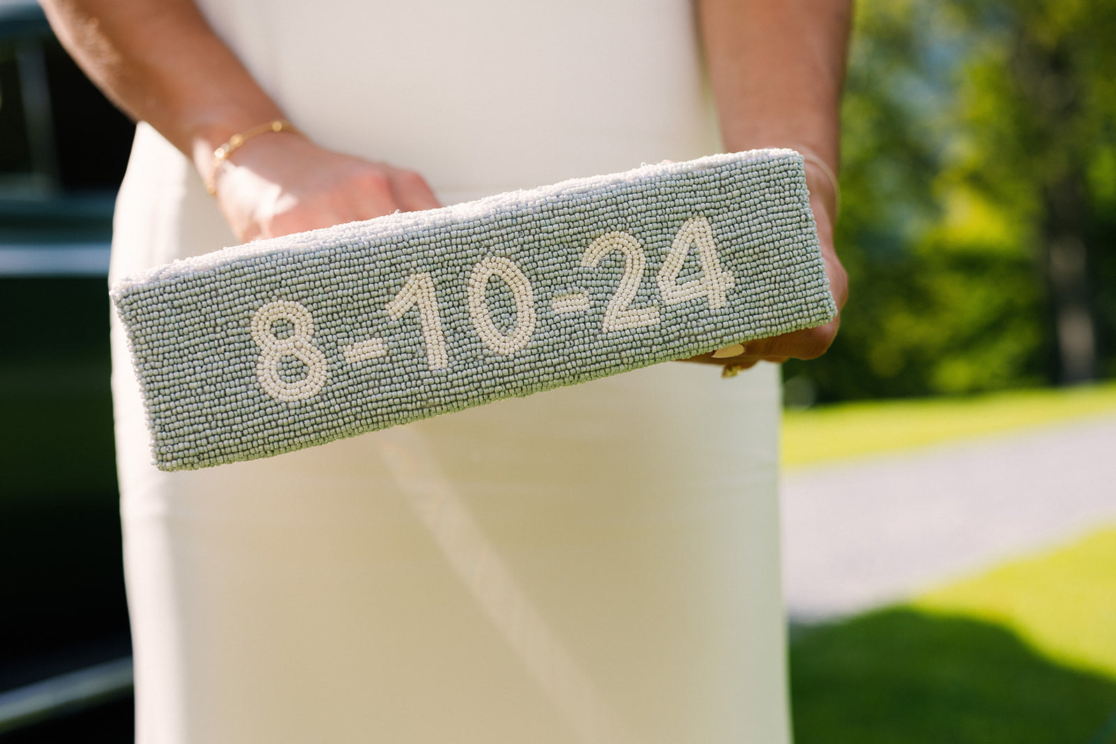 Acrylic Handle Clutch in Pale Blue Palm