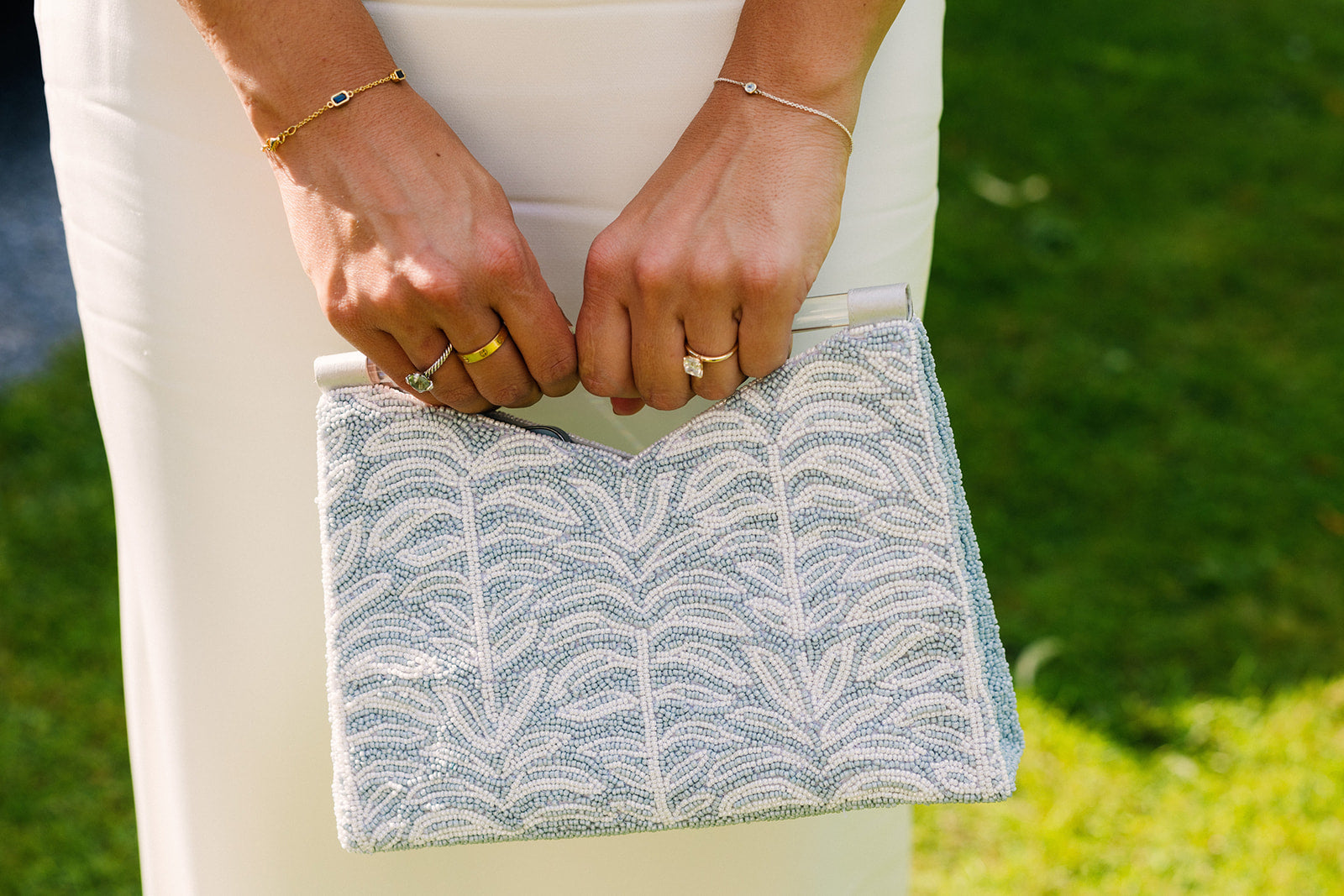 Acrylic Handle Clutch in Pale Blue Palm