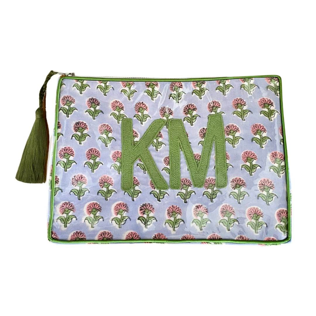 The Large - Custom Block Print Bag - Blue-Gray/Pink/Green