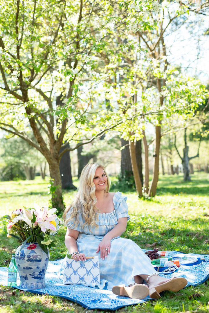 Bamboo Handle Clutch in Blue Bows