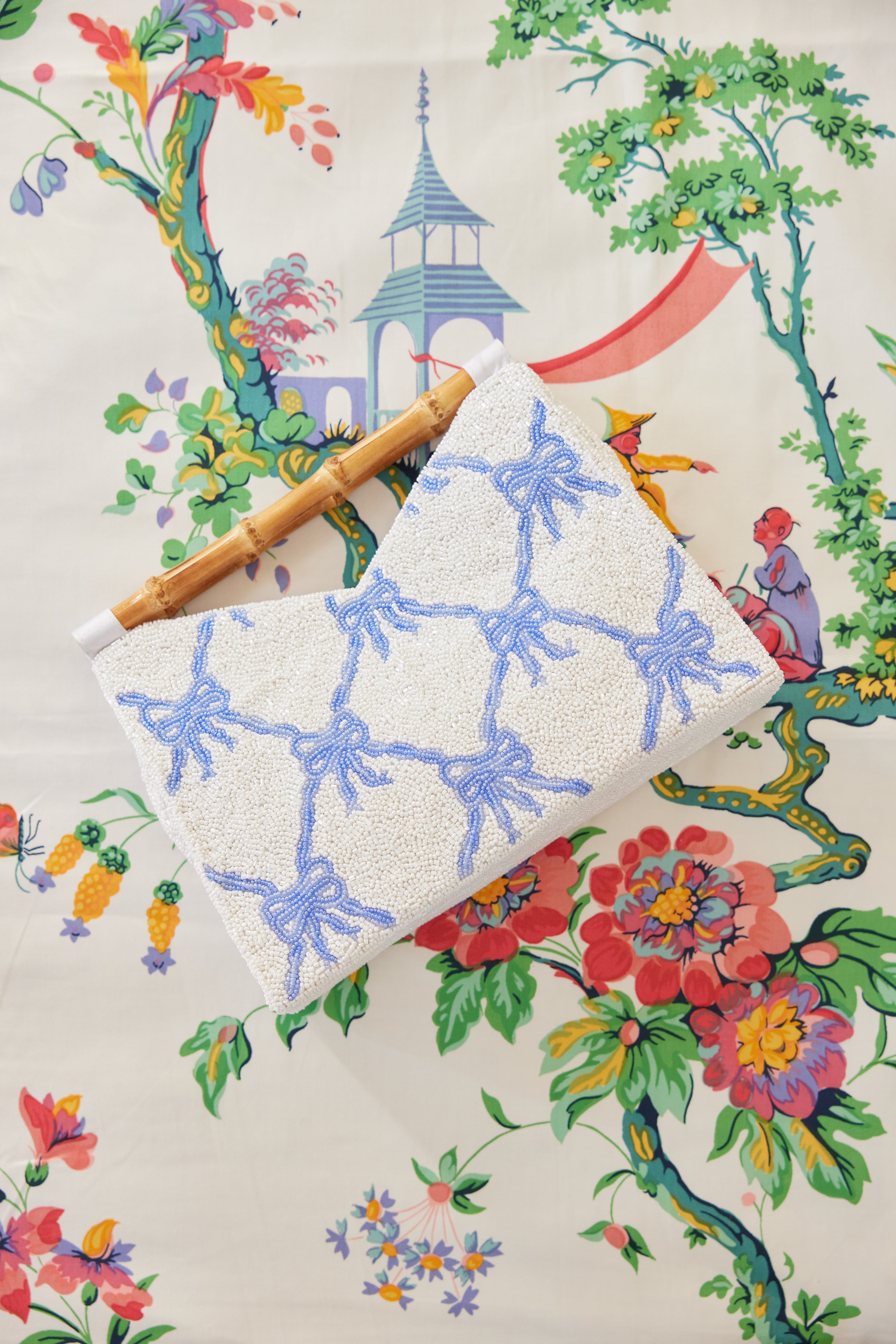 Bamboo Handle Clutch in Blue Bows