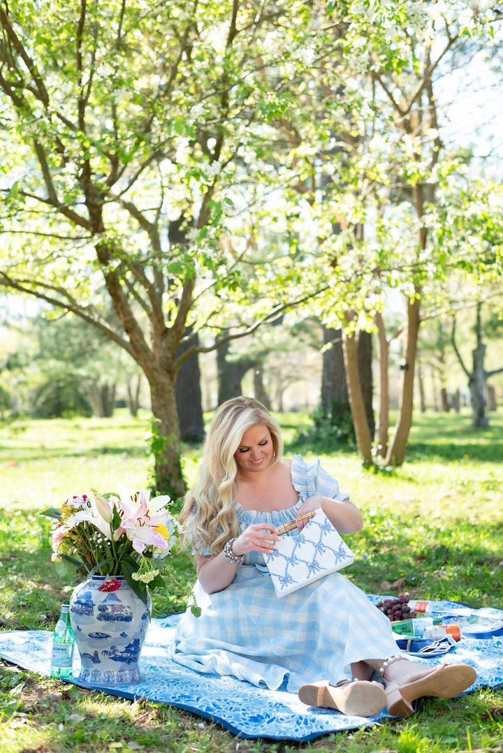 Bamboo Handle Clutch in Blue Bows