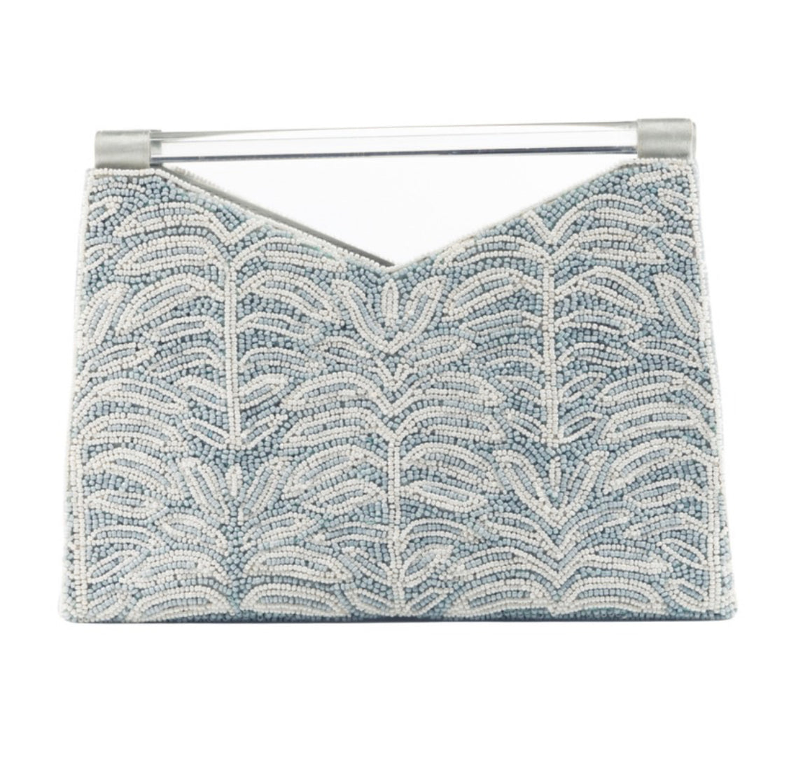 Acrylic Handle Clutch in Pale Blue Palm