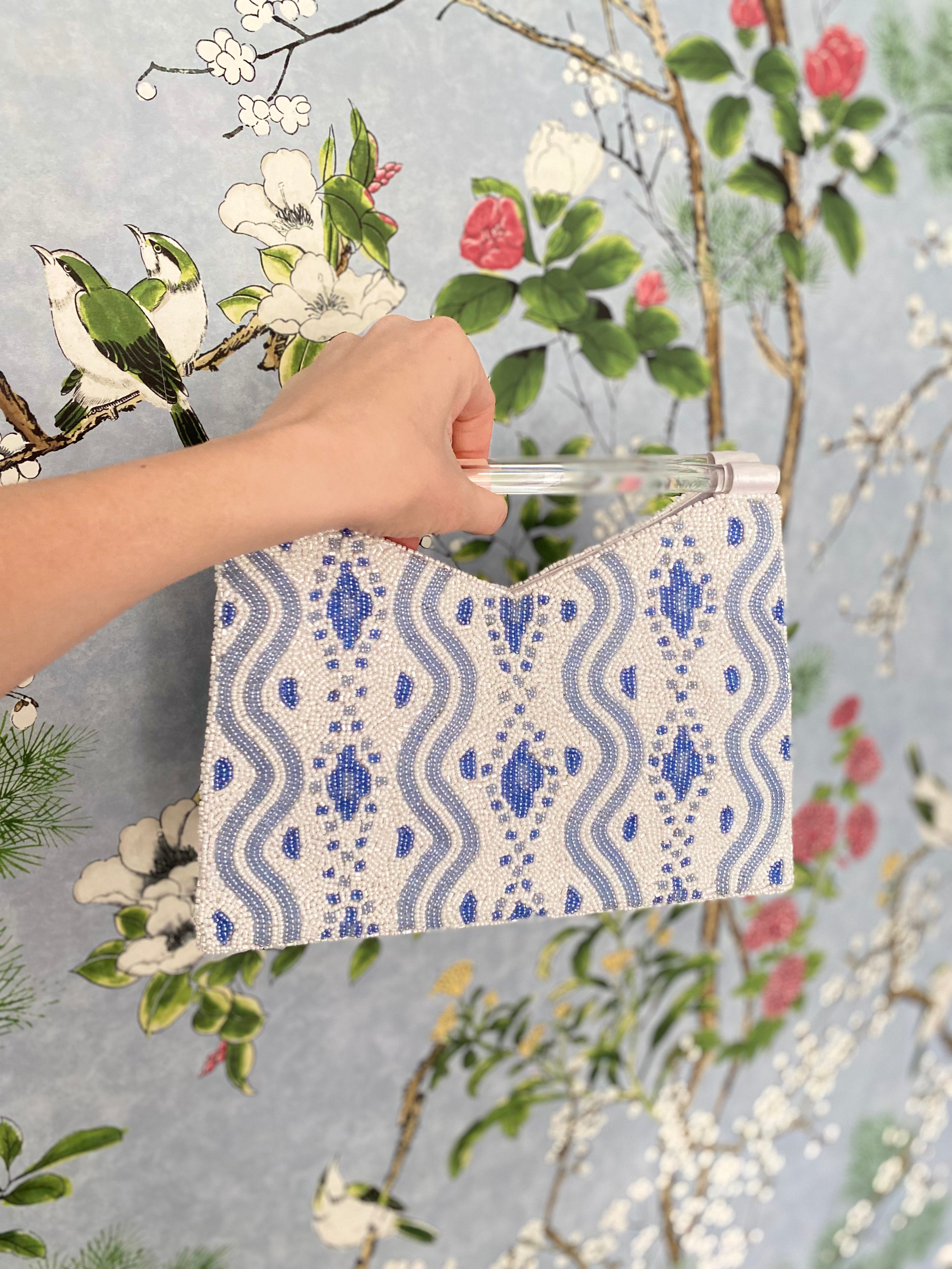 Acrylic Handle Clutch in Periwinkle Ikat
