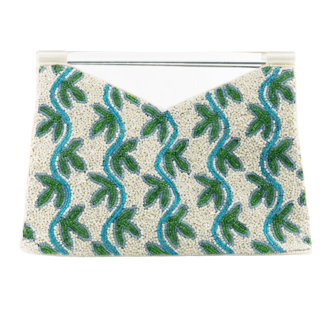 Acrylic Handle Clutch in Green/Blue Vine