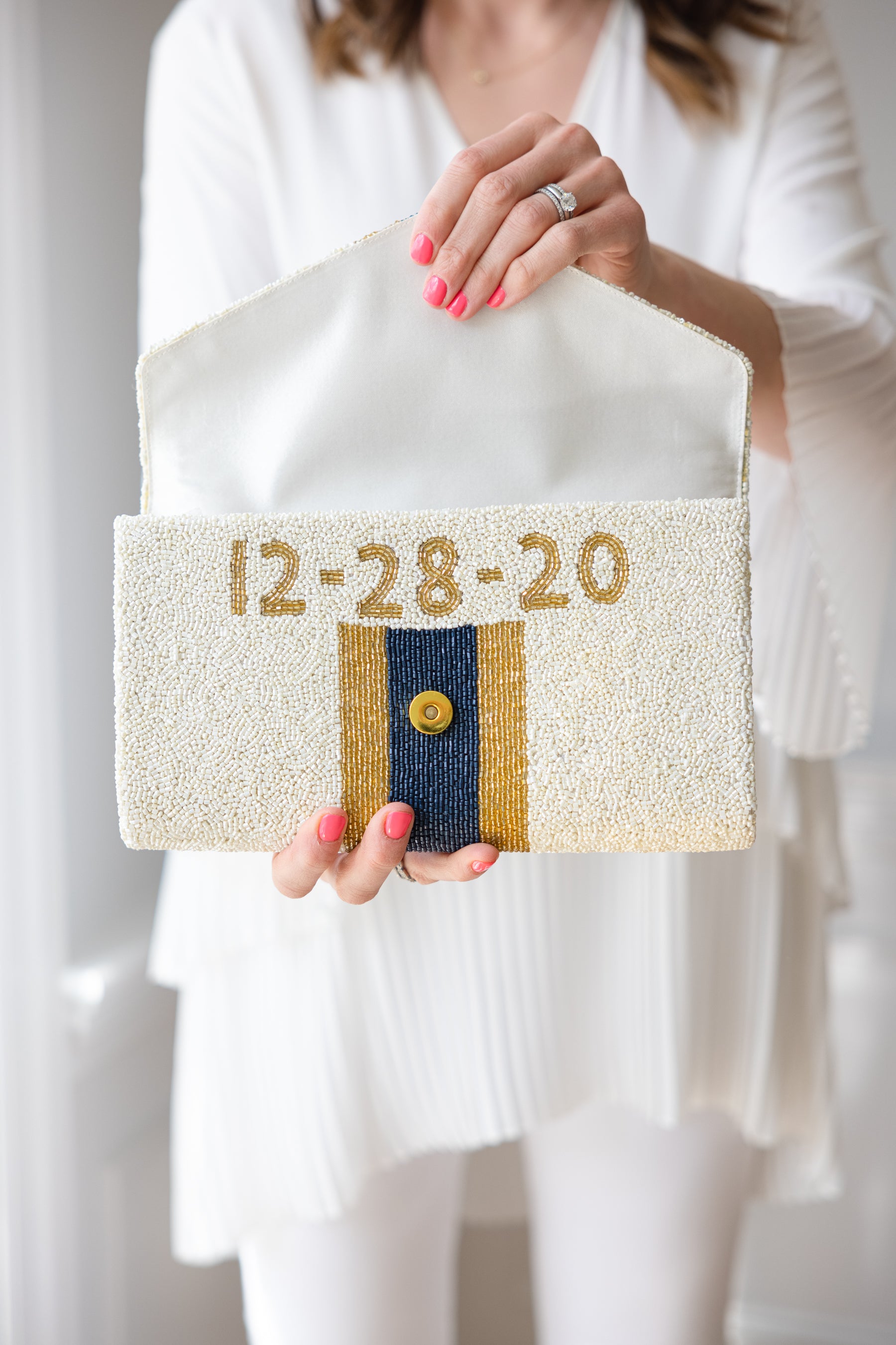 custom beaded monogrammed clutch with date inside