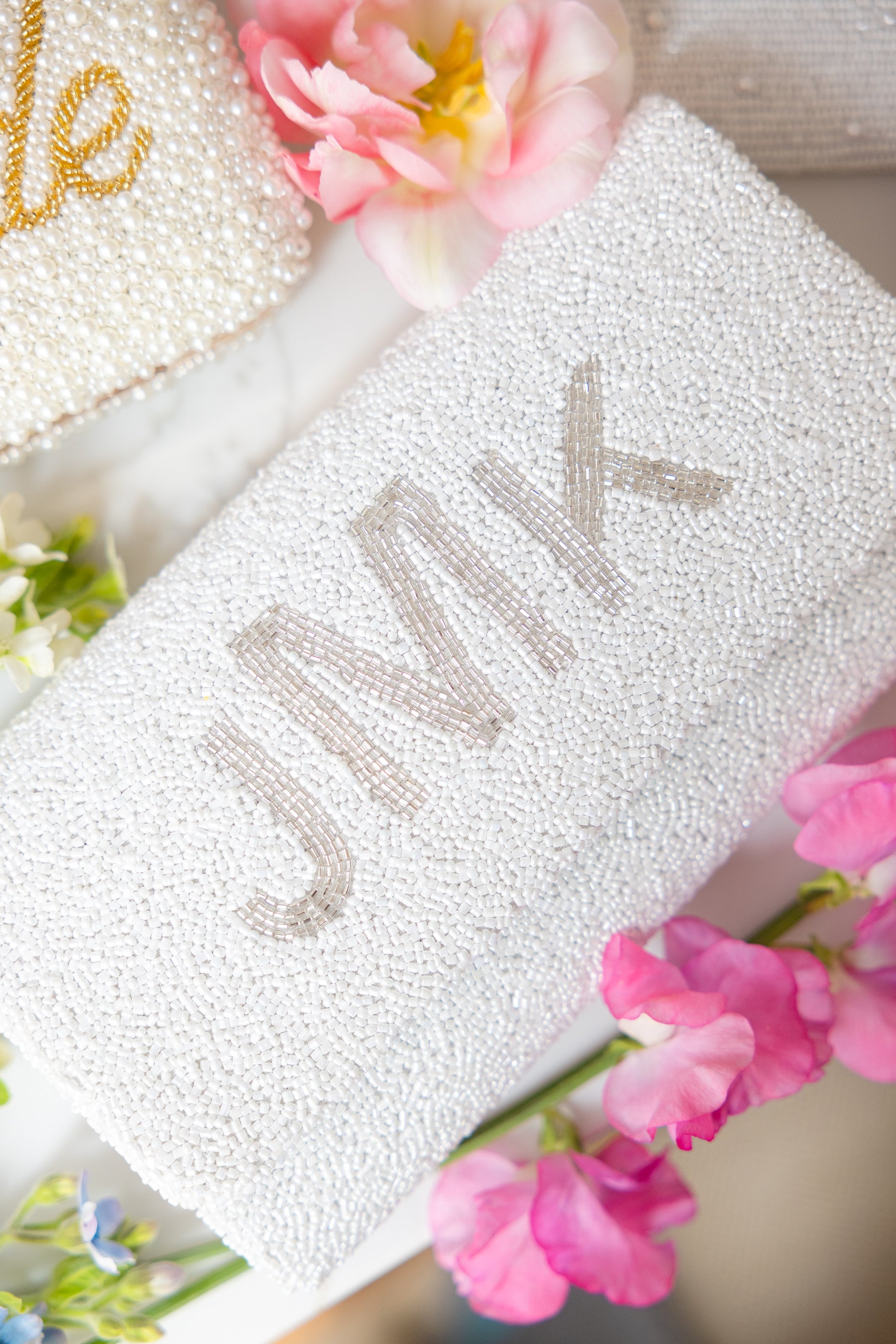 white and silver bridal clutch for wedding