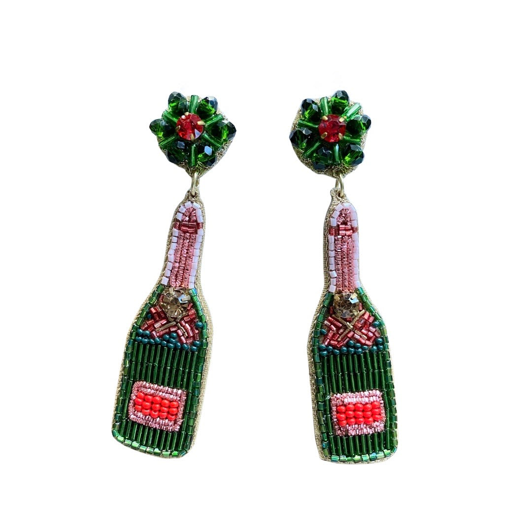 Classic Champagne Bottle Earrings in Green/Red