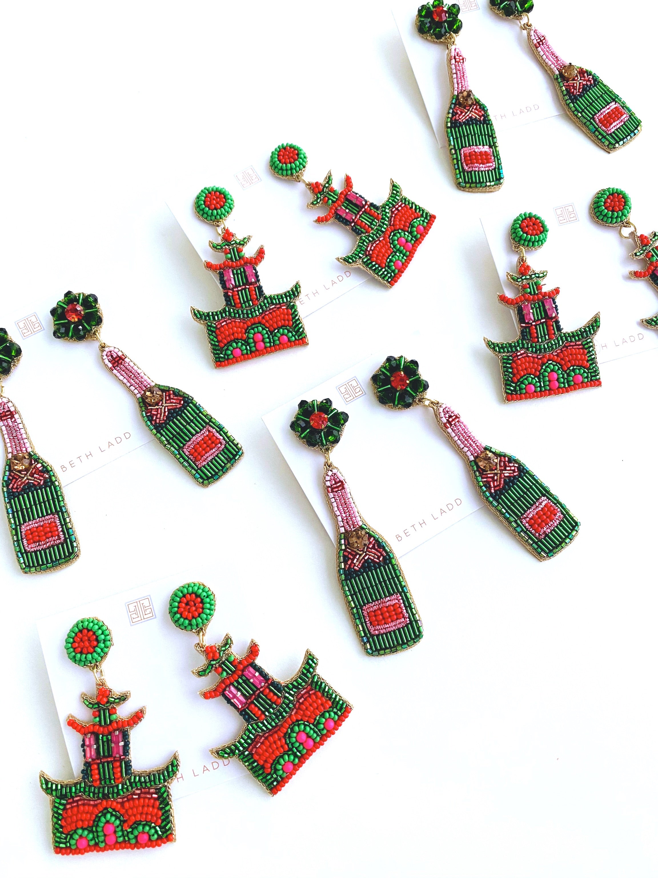 Classic Champagne Bottle Earrings in Green/Red