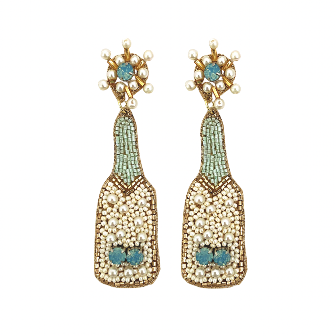 Light Blue and Pearl Champagne Bottle Earrings