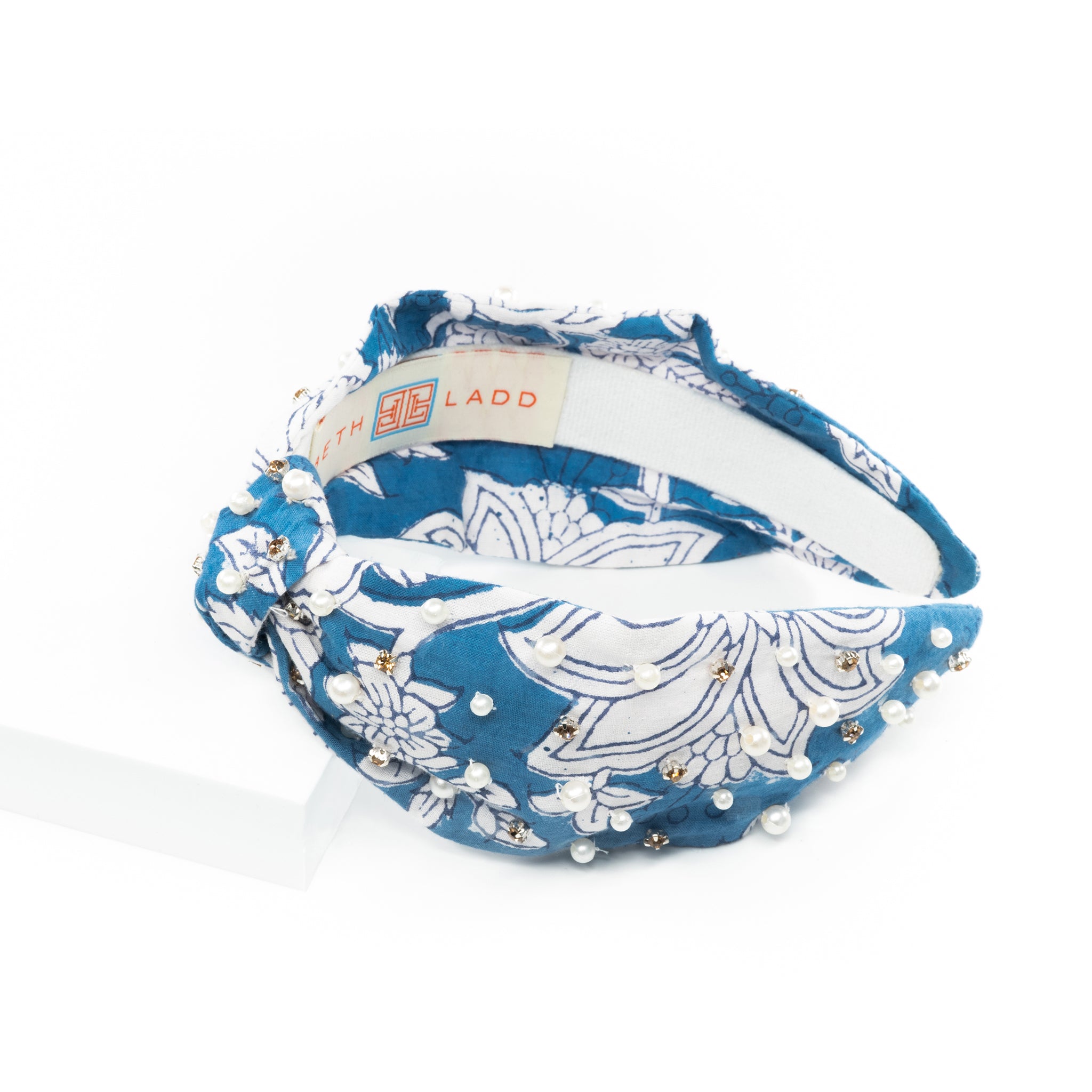 Block Print Headband with Gems in Sconset Blue