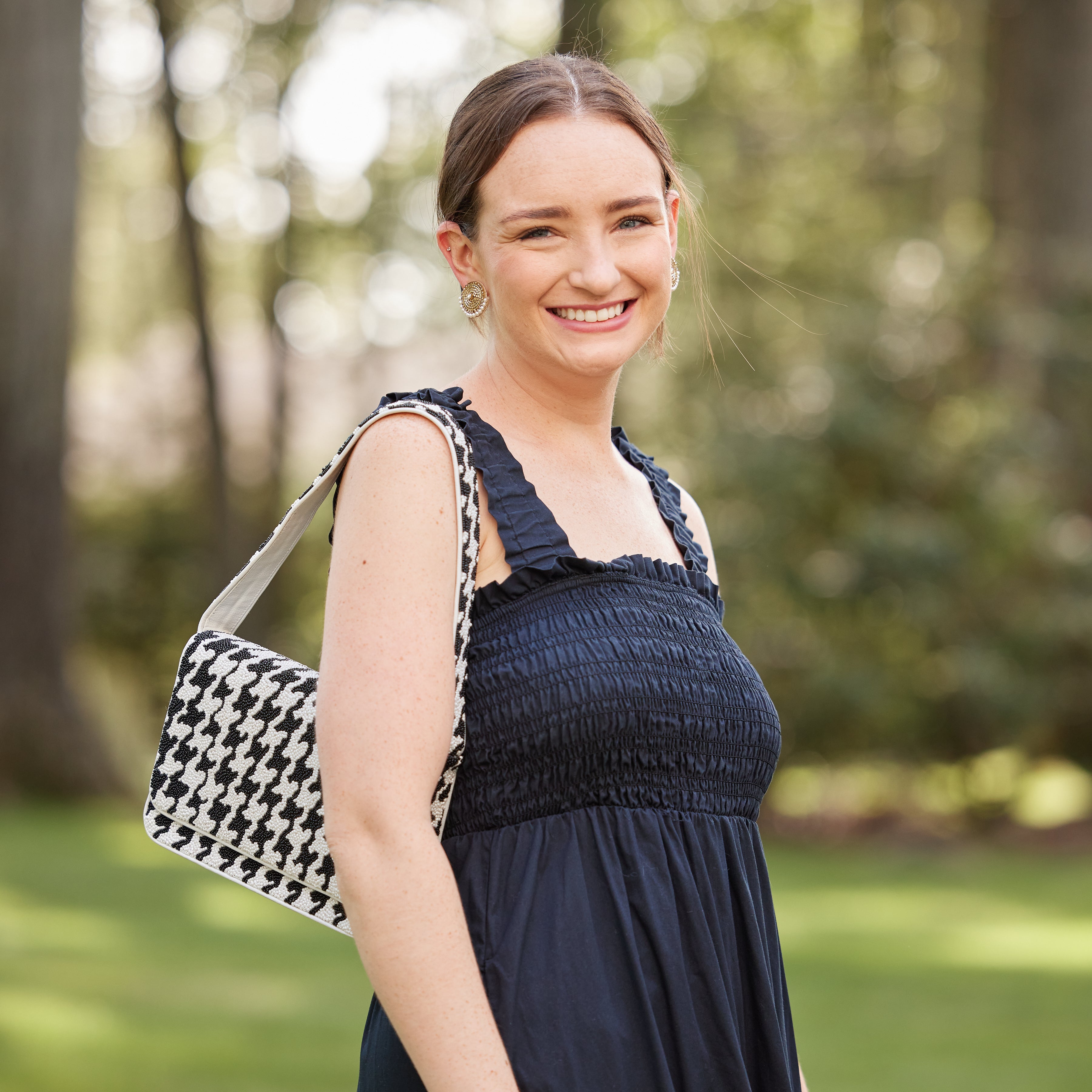 Beaded Shoulder Bag - Black and White Houndstooth