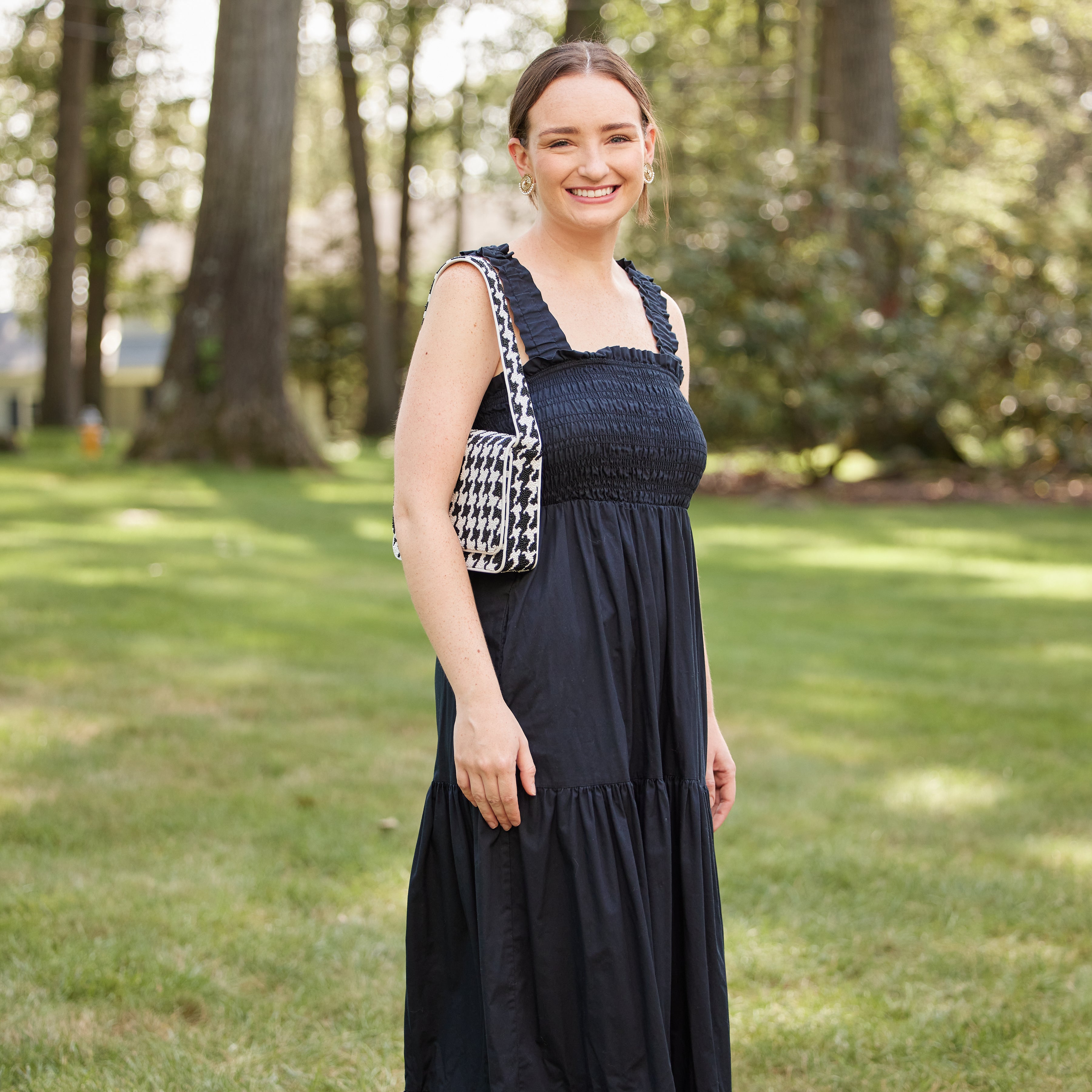 Beaded Shoulder Bag - Black and White Houndstooth