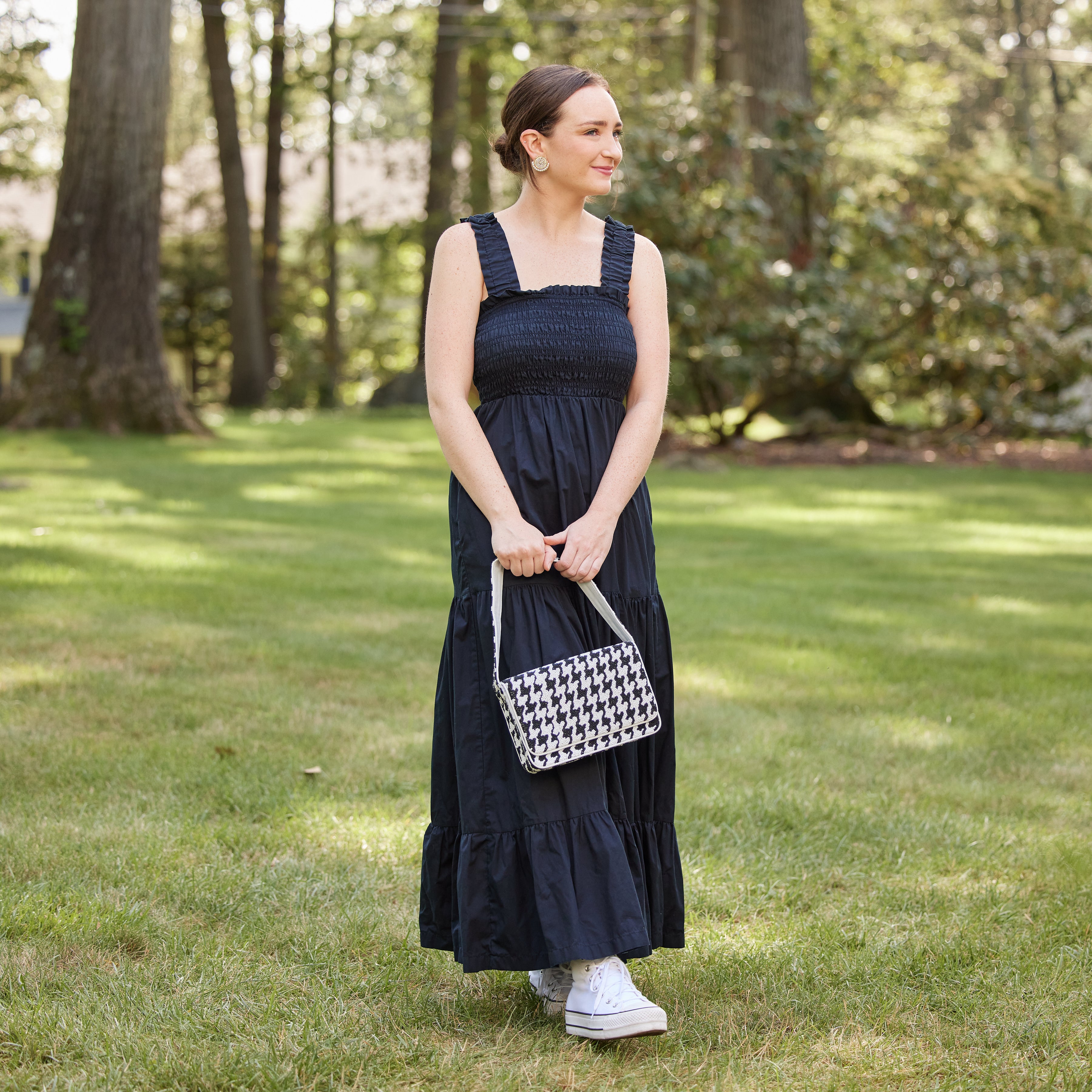 Beaded Shoulder Bag - Black and White Houndstooth