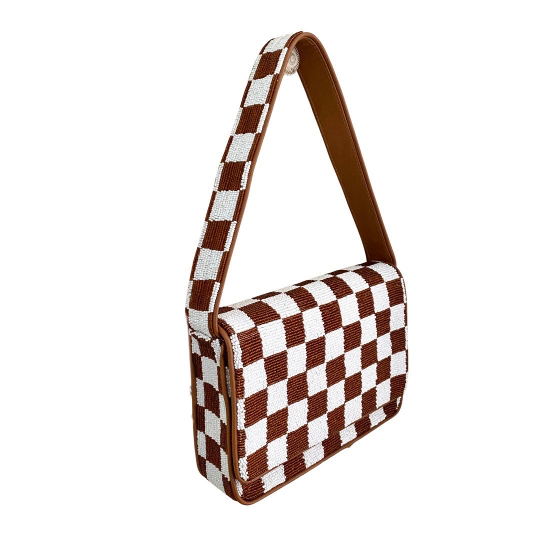 Beaded Shoulder Bag - Brown and White Checkerboard
