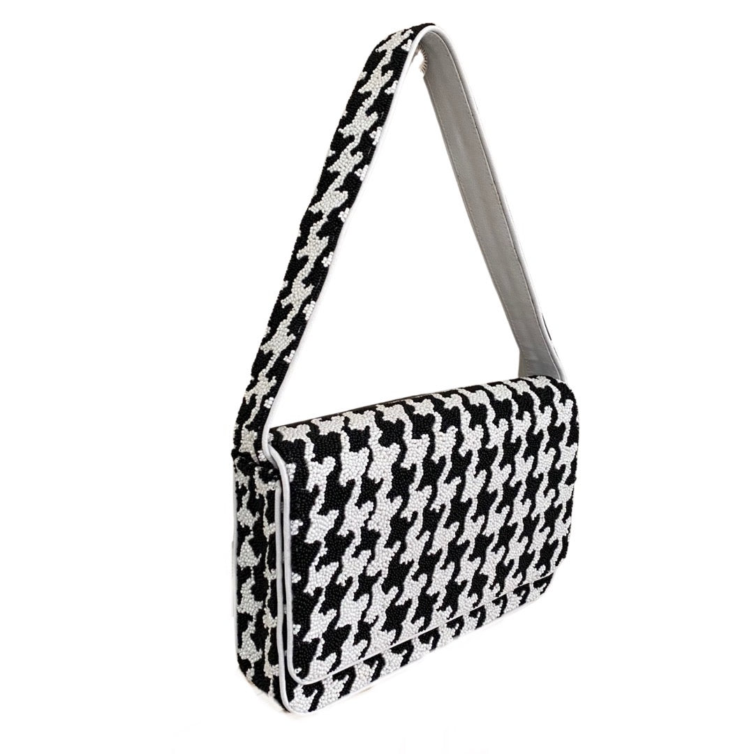 Beaded Shoulder Bag - Black and White Houndstooth