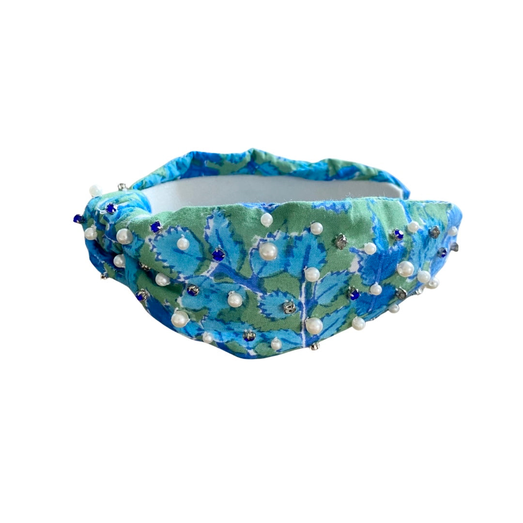 Block Print Headband with Gems in Vineyard Blue/Green