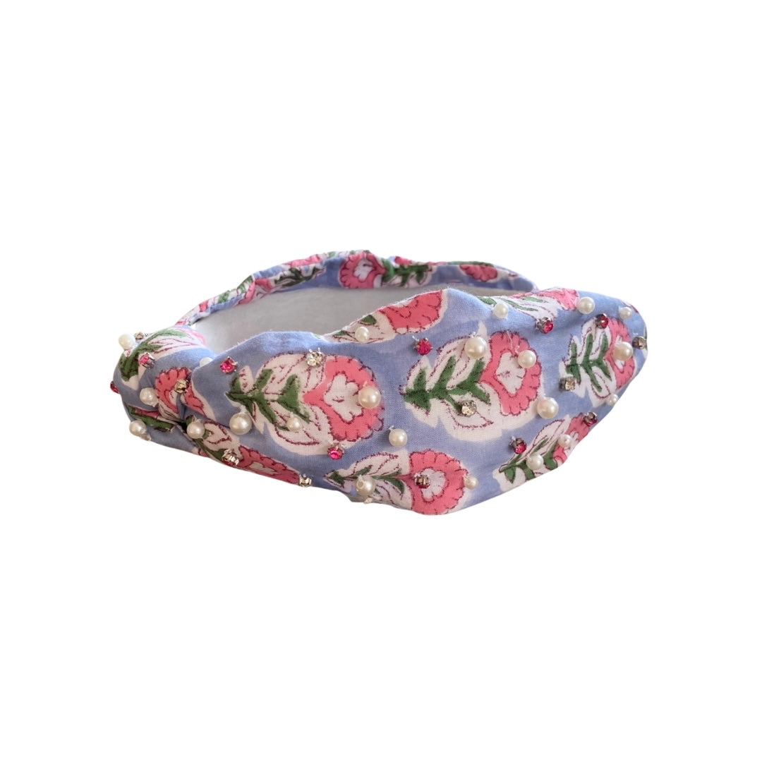 Block Print Headband with Gems in Charleston Floral