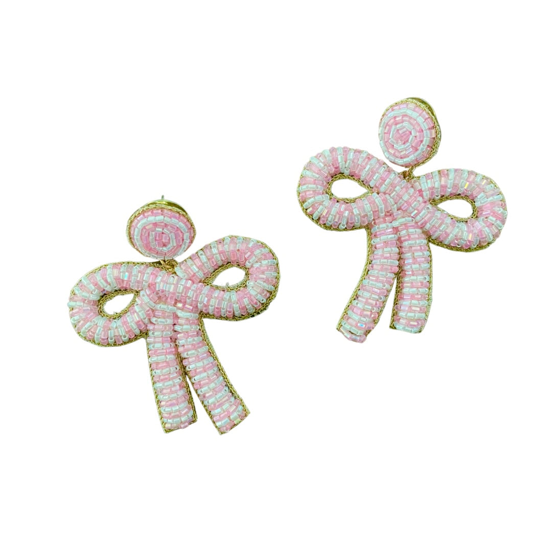 Pink & White Candy Cane Bow Earrings
