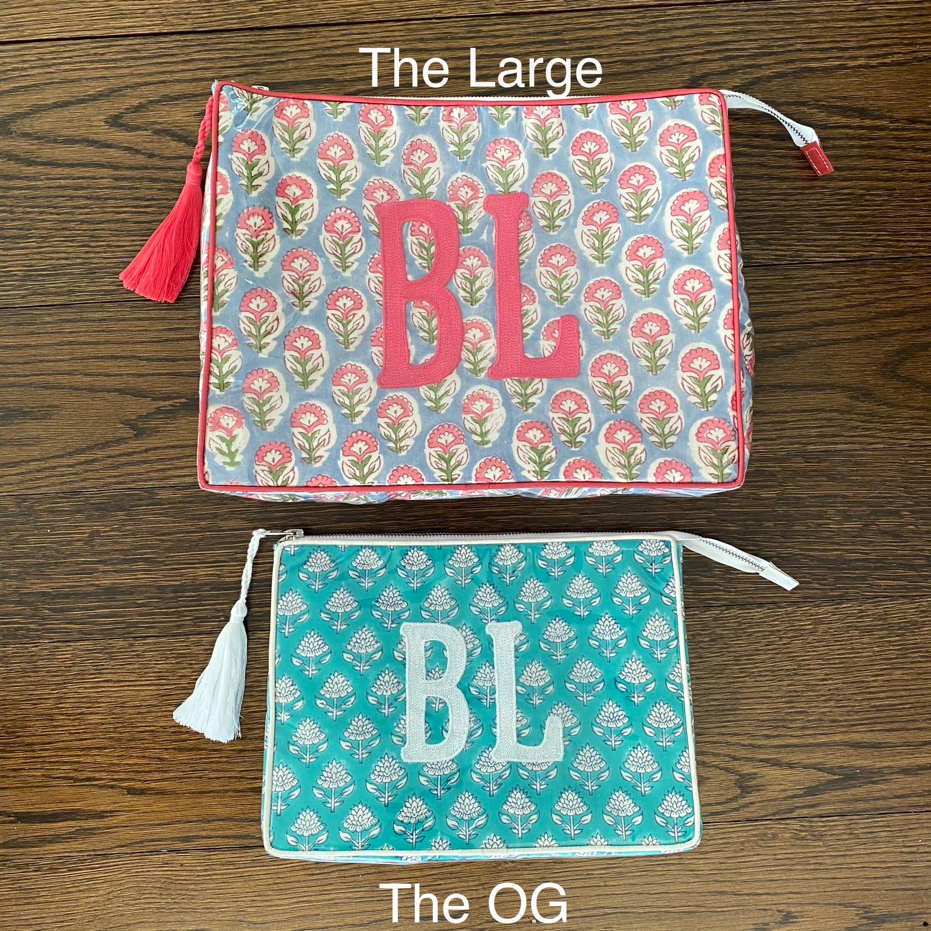 The Large - Custom Block Print Bag - Blue-Gray/Pink/Green