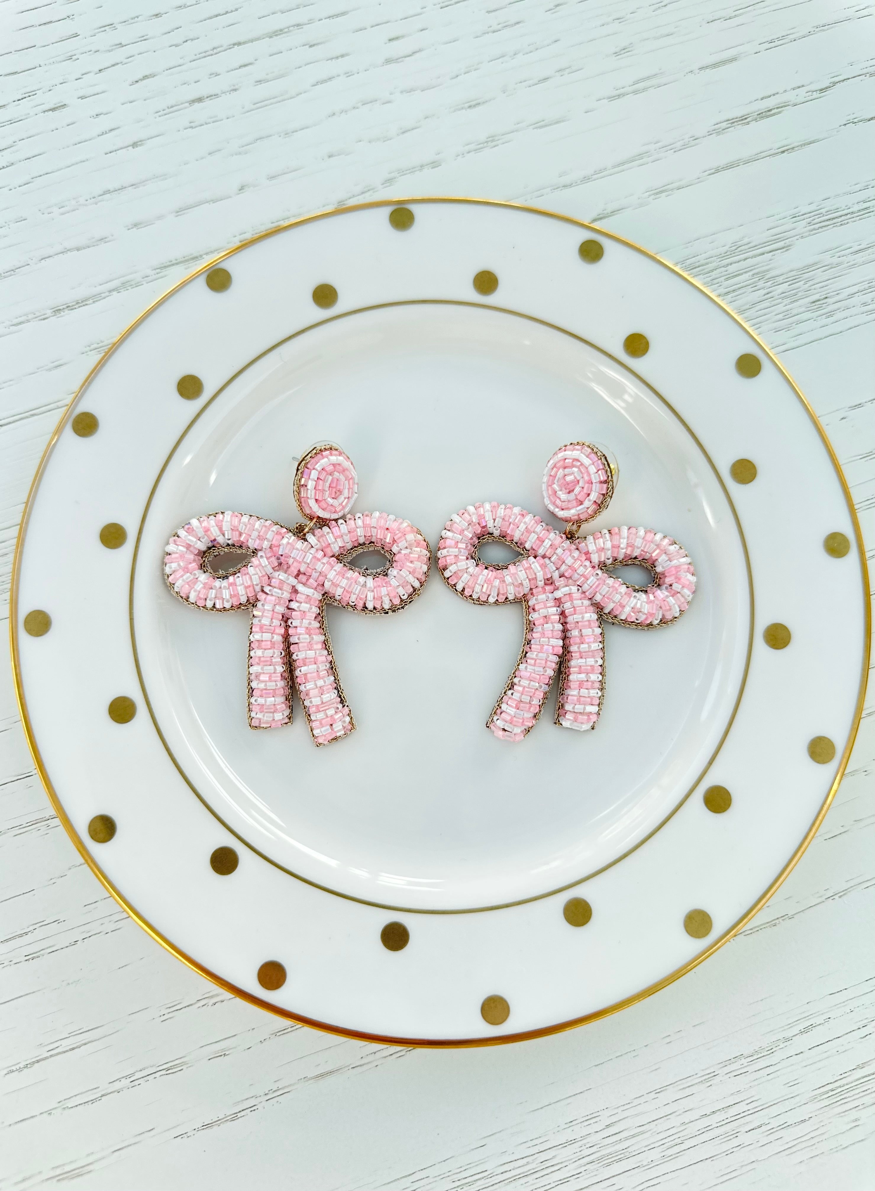 Pink & White Candy Cane Bow Earrings