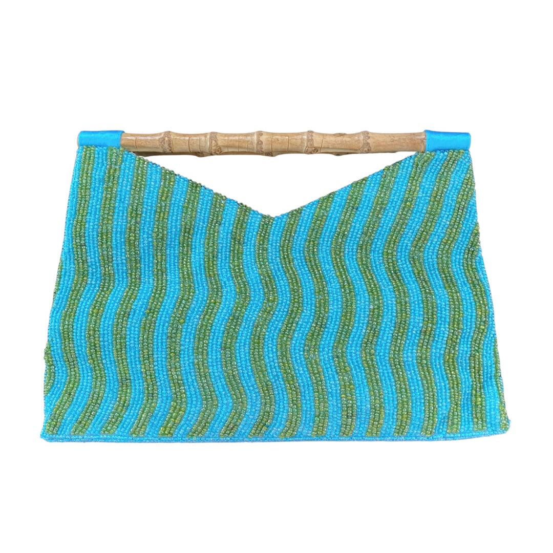 Bamboo Handle Clutch in Blue/Green Waves